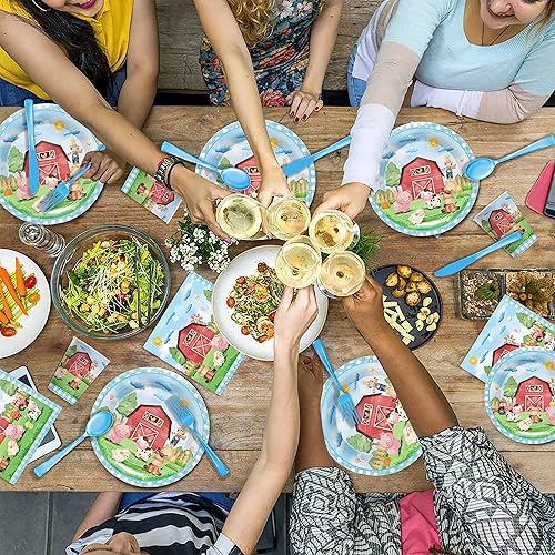 Miniatura 5 de Juego de vajilla de suministros para fiesta de animales de granja, decoraciones de baby shower de cumpleaños de granja, incluye platos de cena,