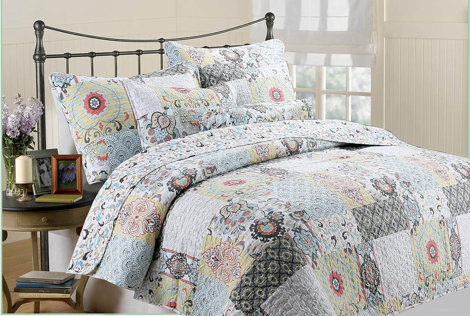 Cozy Line Home Fashions Stylish Floral Fleur-de-lis Patchwork Polyester 3 Piece Décor Throw Pillow, Gray, Yellow, Coral, Aqua, Blue, Multi-Color