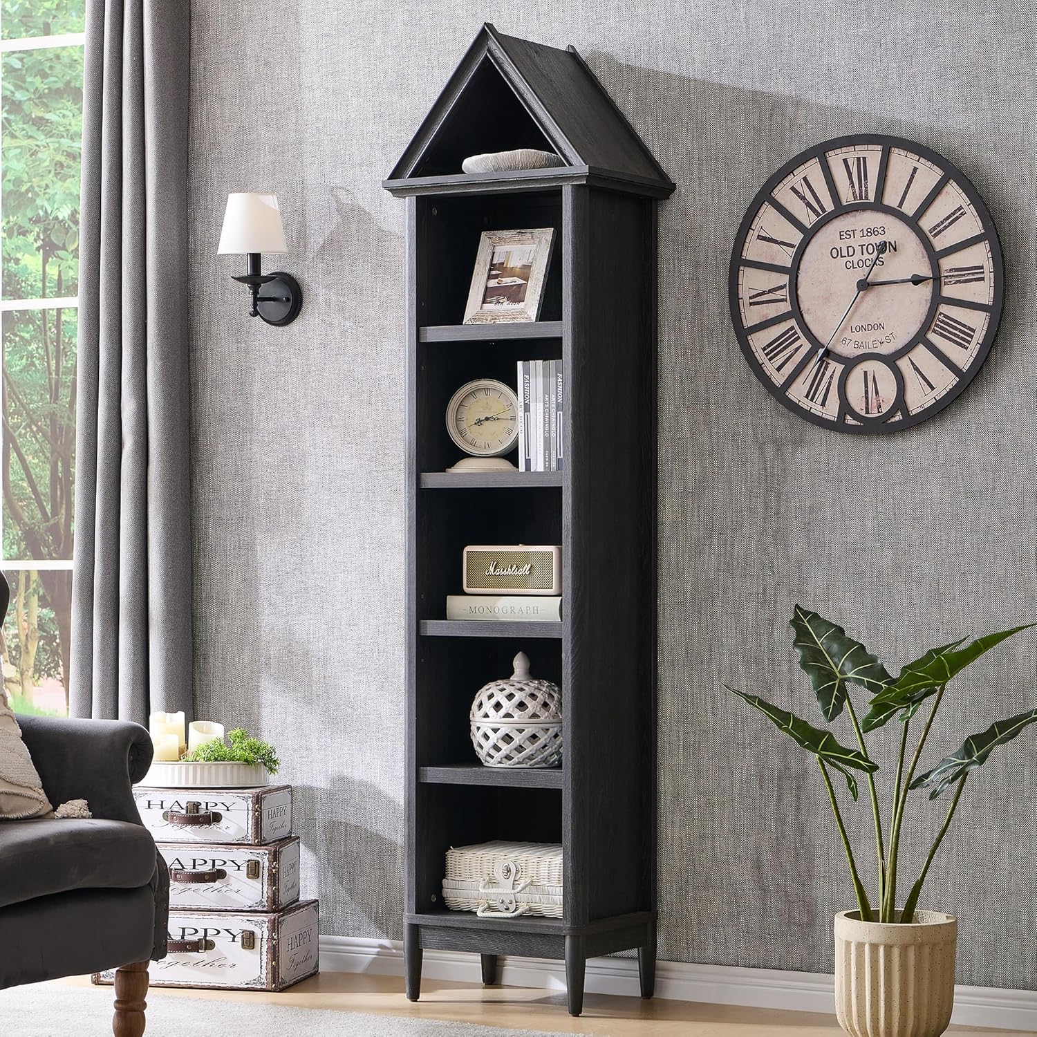 IFGET 75.9" Tall Farmhouse Bookcase, Angle Arched 5 Tiers Narrow Bookshelf Cabinet with Adjustable Shelves, Modern Wooden Geometric Book Shelf w/Display Storage for Living Room, Office-Dark Grey