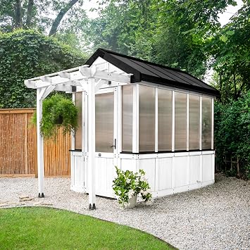 Backyard Discovery Bellerose 9 x 6 White Cedar Wood and Polycarbonate Walk-in Greenhouse Kit with Pergola, Exhaust Fan, Window, Hose Hook-Ups, PowerPort, Staging Shelves for Outdoor Gardening
