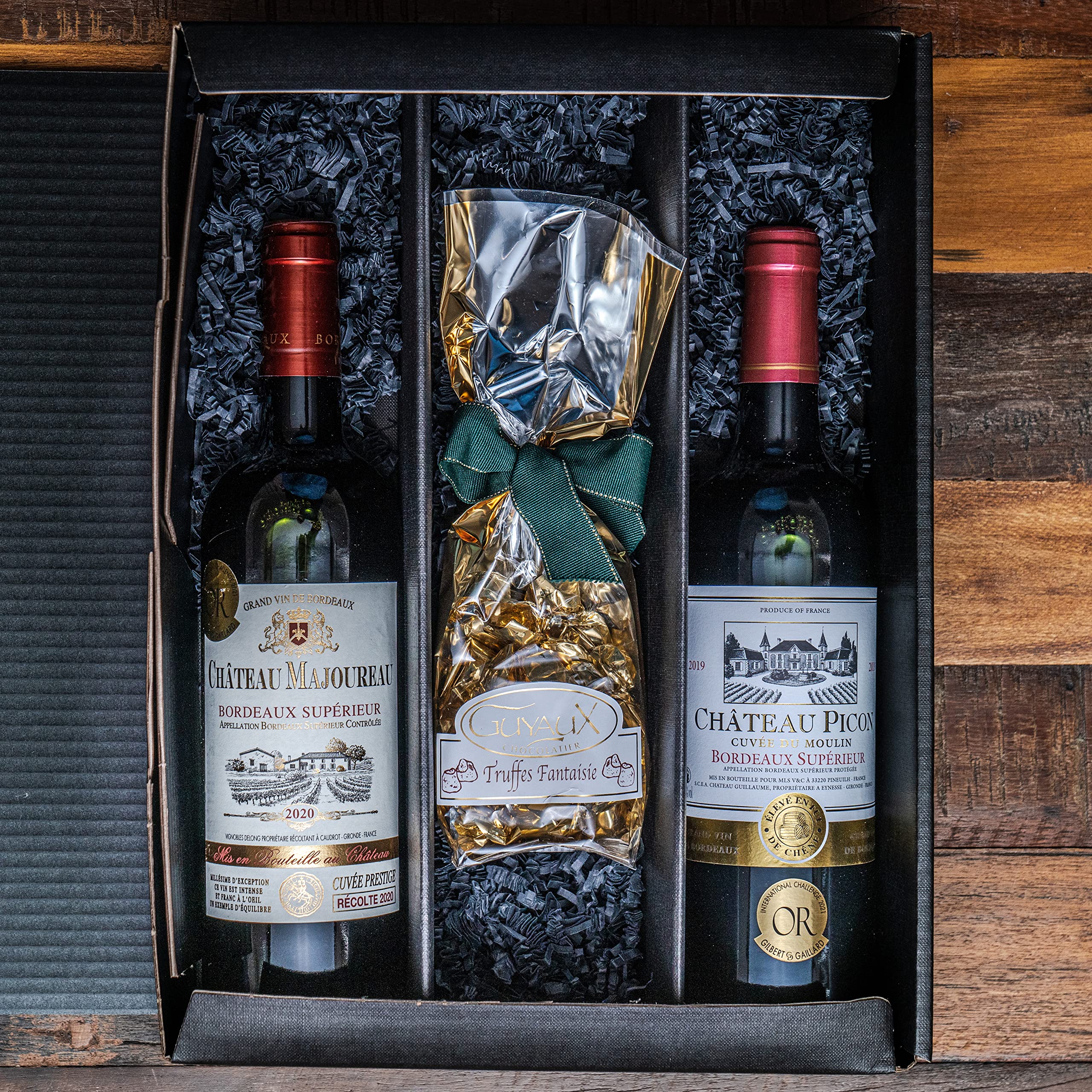 Geschenkset Bordeaux | 2 hochwertige französische Rotweine aus Bordeaux mit Goldmedaillen-Prämierung trocken | 1 x feinste französische Schokoladentrüffel
