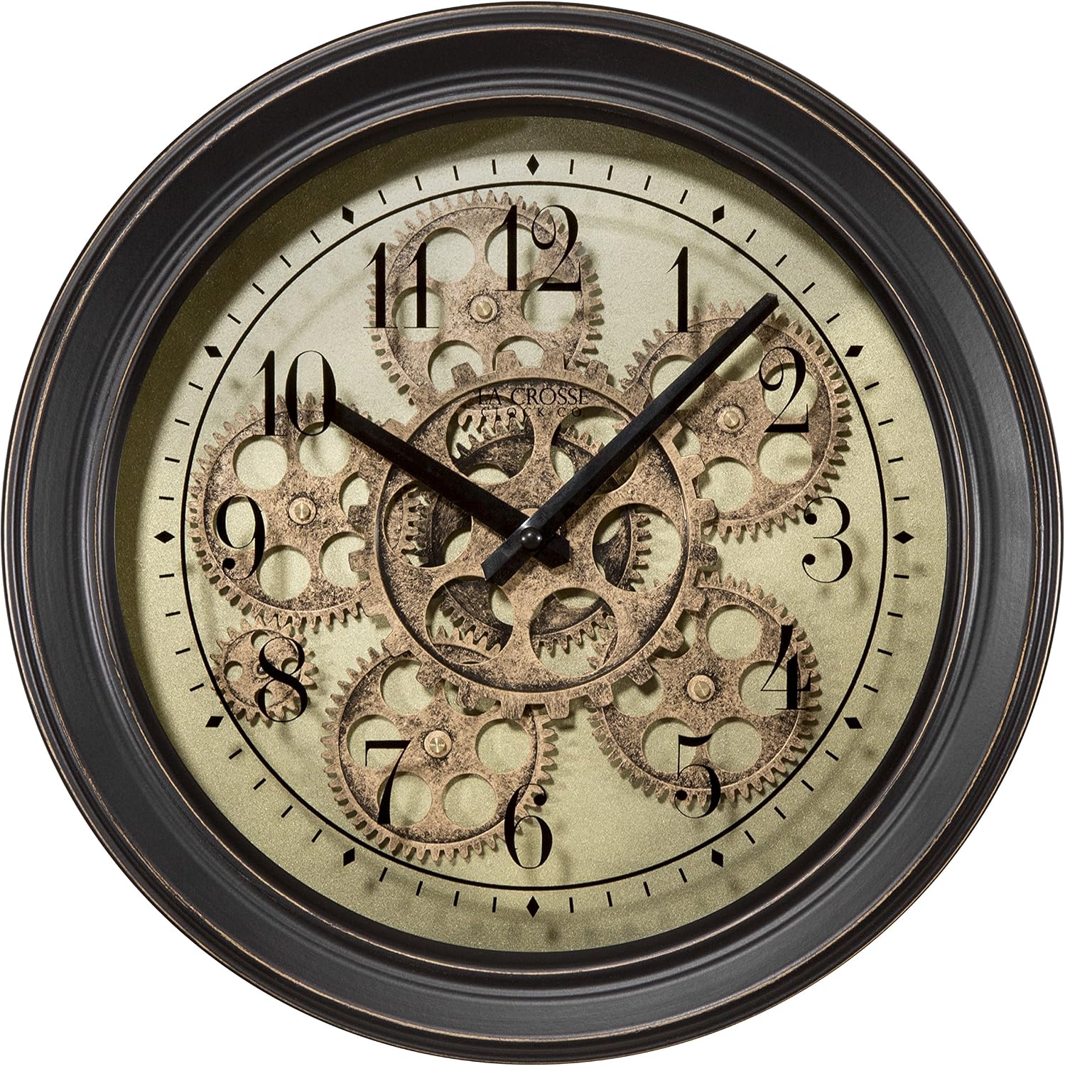 LaCrosse BBB85289 13 in. Metal Clock with Working Gears, Brown