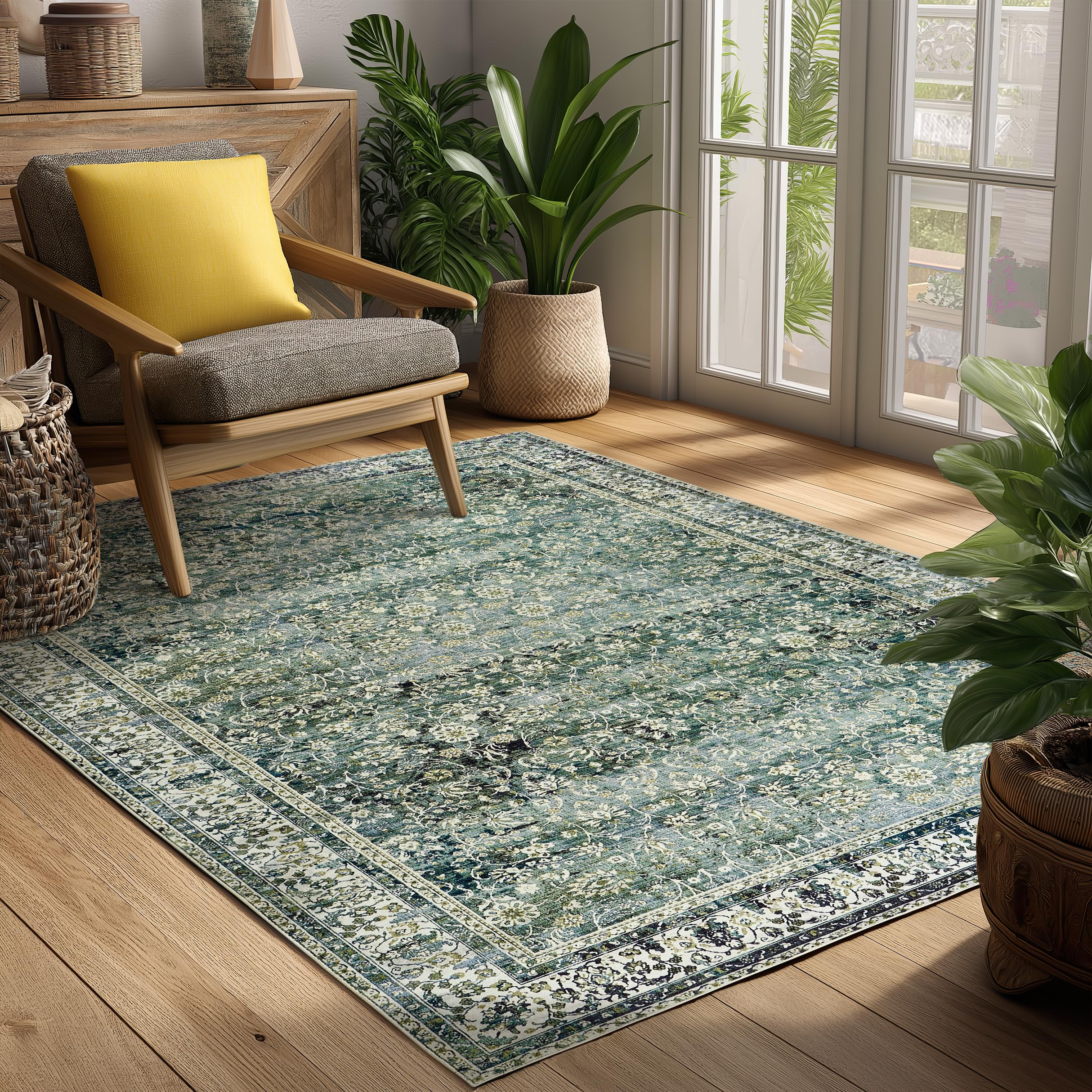 Dark Green Boho Front Door Mat for Indoor Entrance Washable Non Slip Cute Vintage Floral Aesthetic Area Rugs for Entryway Entry 4x6