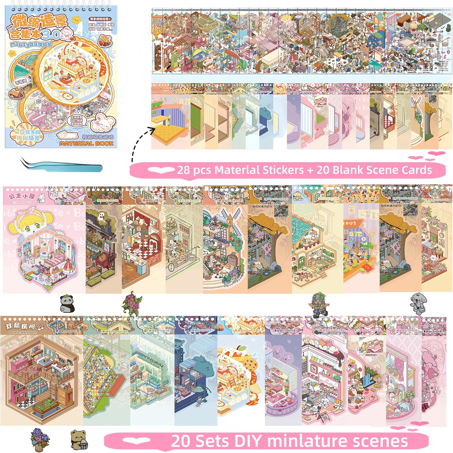 20 Sets Scene Sticker for Children, 3D Sticker Scenes Book for Boy & Girl,Cute Kawaii Stickers Therapy Funny Scenes Stickers Set,Relief Stress Pass The Time, Birthday Gift-B