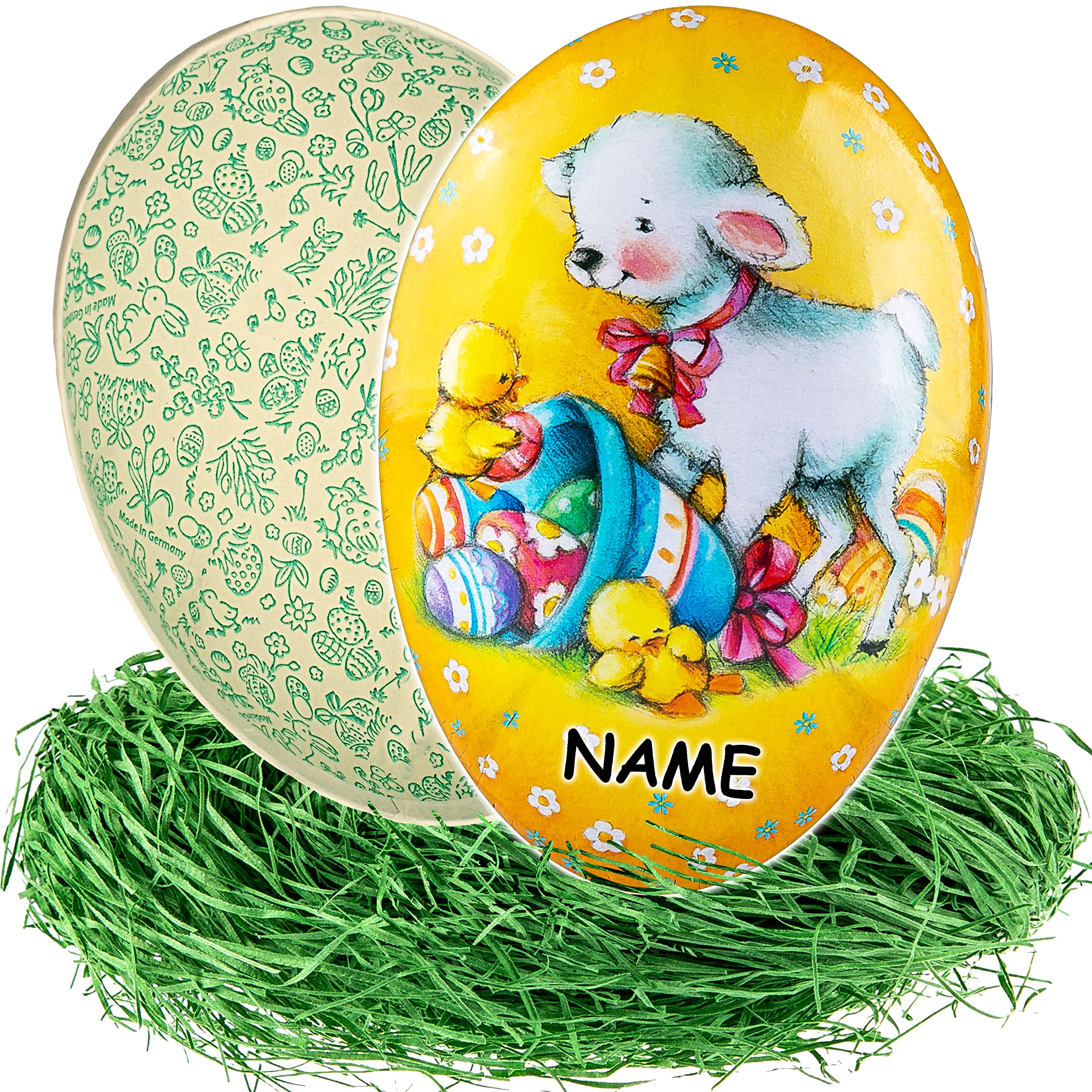 alles-meine.de GmbH 10 Stück Ostereier/Eier zum befüllen + Ostergras Anzahl frei wählbar Osterlamm & Küken - 15 cm - inkl. Name - Füll - Pappei - Deko Pappe Papp Pappeier..