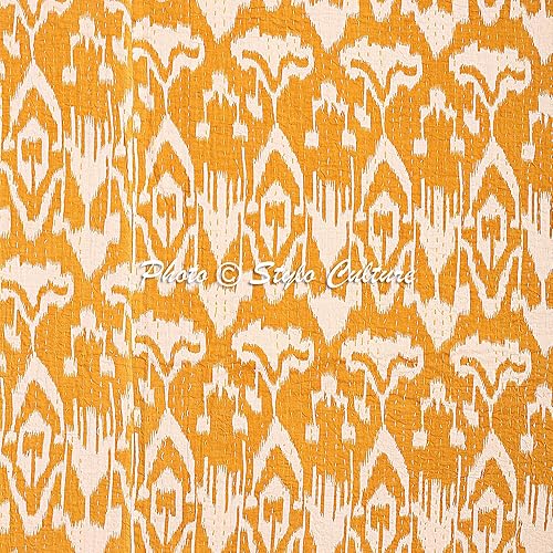 Miniatura 3 de Colcha acolchada tamaño Queen Kantha funda de cama india mostaza amarilla de algodón Ikat cosida a mano manta cubierta de cama