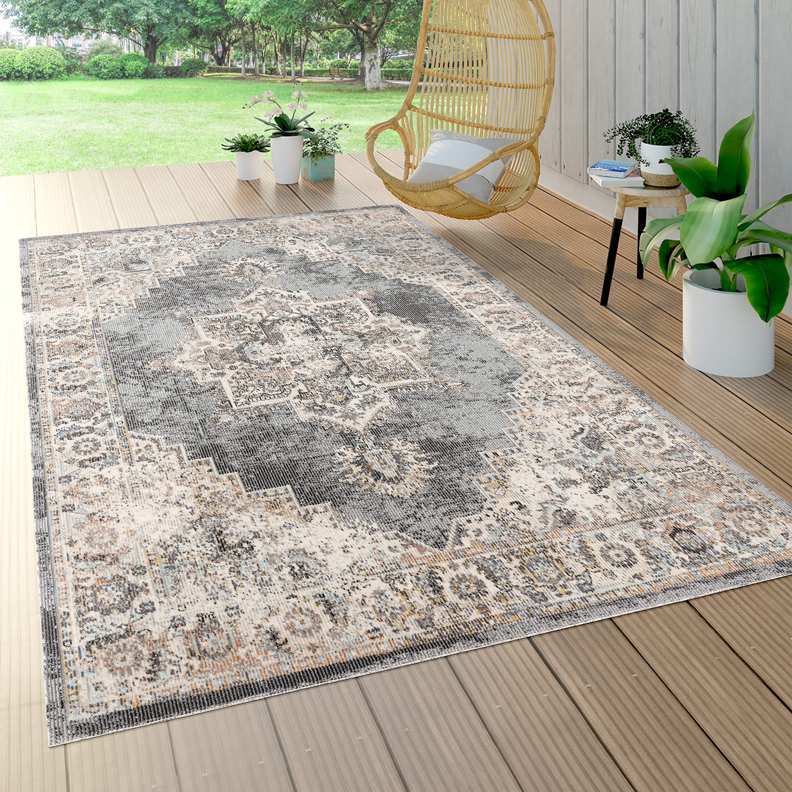Paco Home Outdoor Teppich Wetterfest Wohnzimmer Balkon Küche Schlafzimmer Marokkanisch Muster Ornamente Mandala Grau Beige, Grösse:120x170 cm