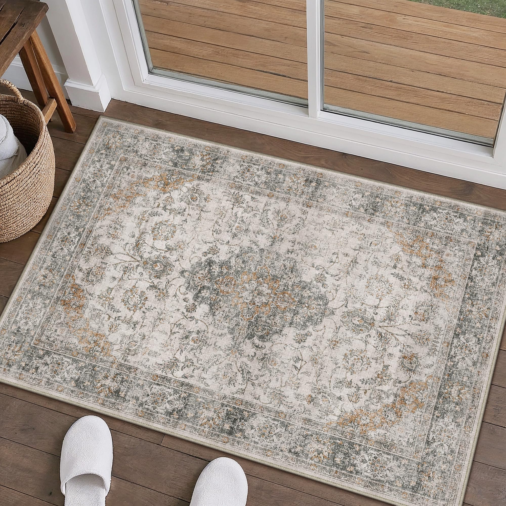 hugear retro taupe green area rug 8x10 machine washable living room rugs distressed vintage floral low pile carpet bedroom office dining room laundry room non slip soft lightweight