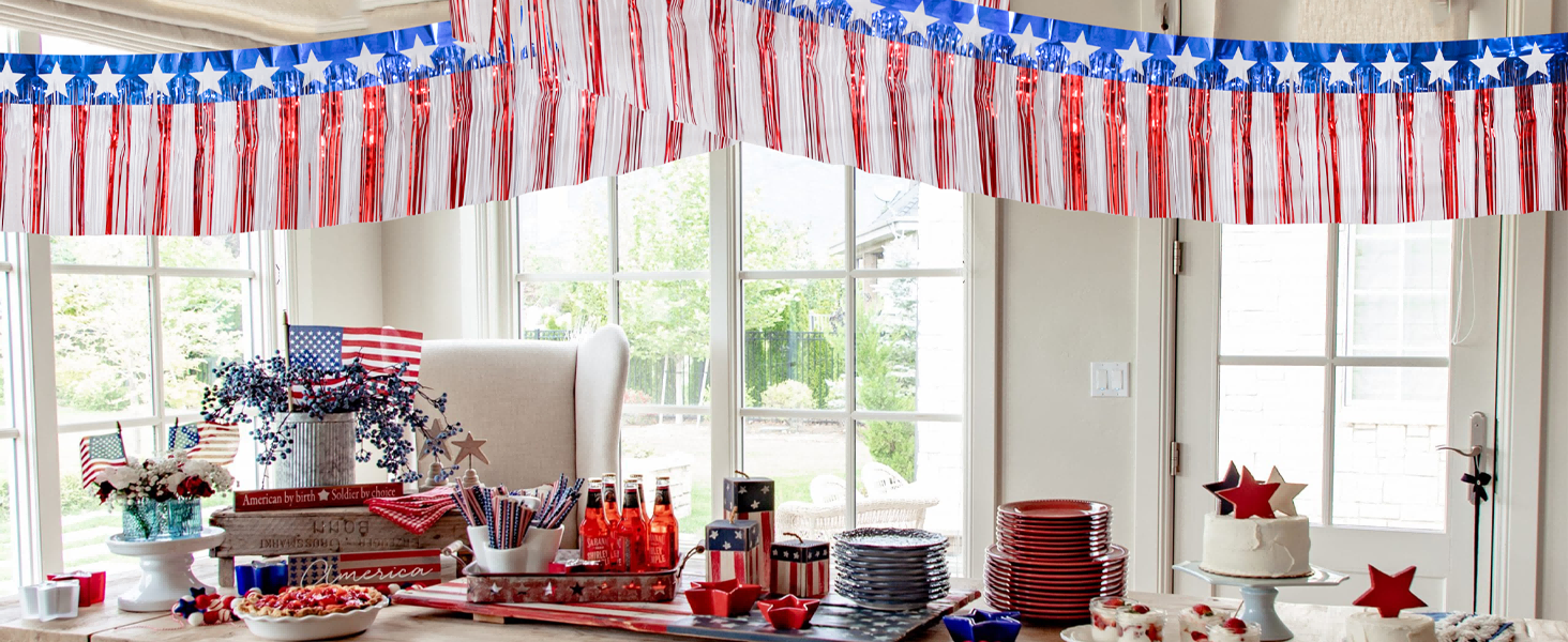 Red White And Blue Streamers 2 Pack Patriotic Foil Fringe Curtains With  American Flag Banner - 3.3x6.6 Ft Red White Blue Decor Red Fringe Backdrop, image size:1464x600