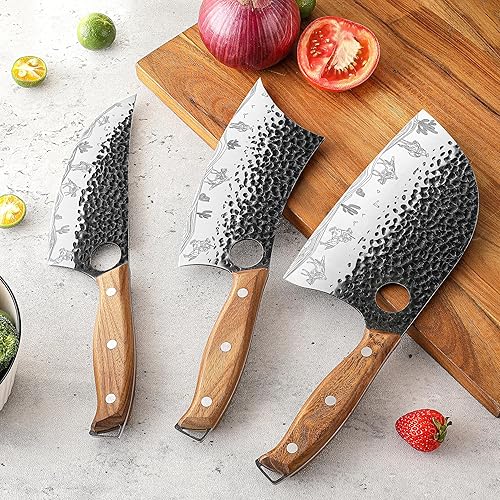 Miniatura 7 de Juego de cuchillos de carnicero de 3 piezas, forjado a mano, cuchillo vikingo, mango de madera, perfecto para el hogar, barbacoa, camping (patrón de