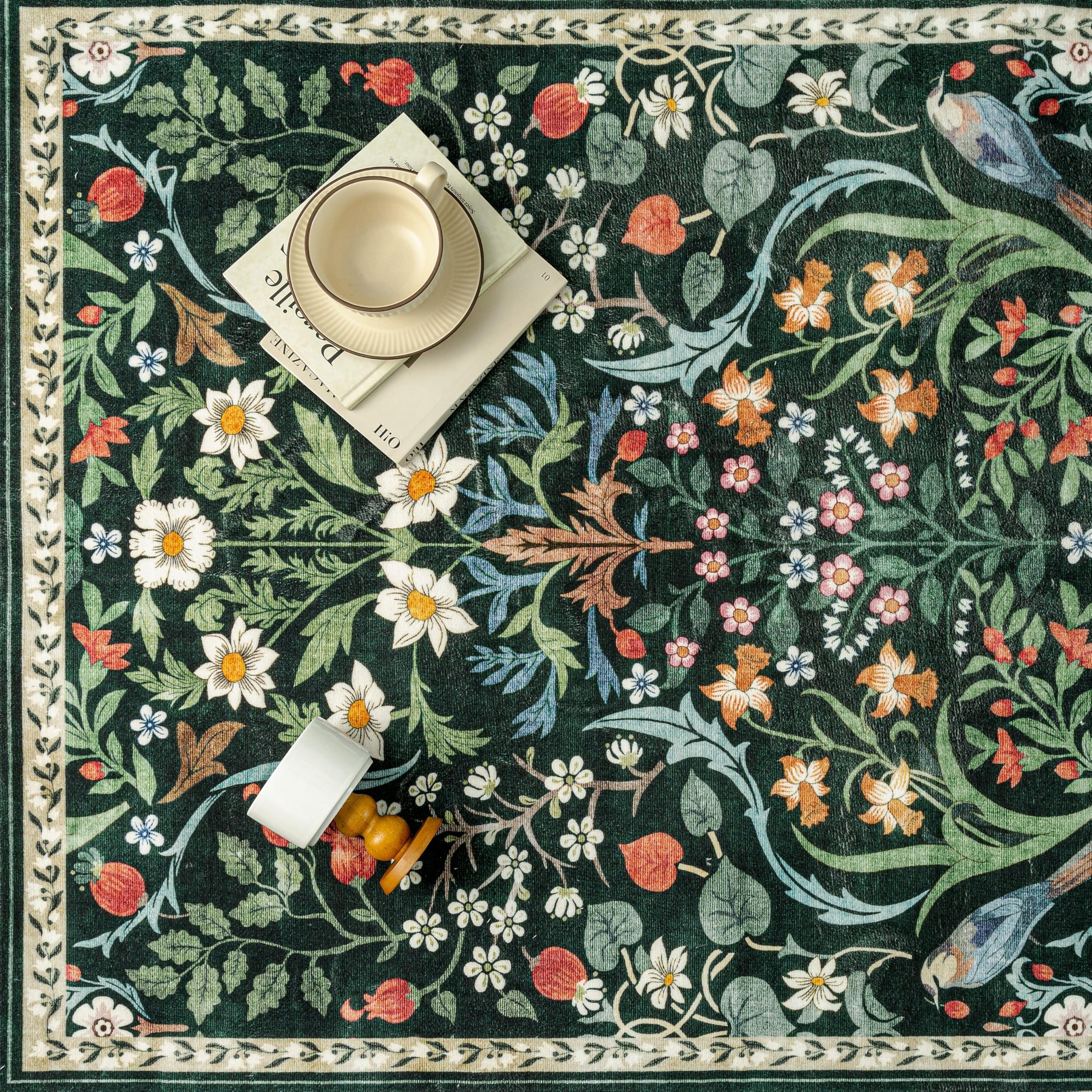 PureCozy Tapis Salon 200x300cm Lavable Motif Floral Poils Courts Antidérapant Doux Boho Vintage Grand Tapis pour Chambre Salle À Manger Bedroom Living Room, Vert