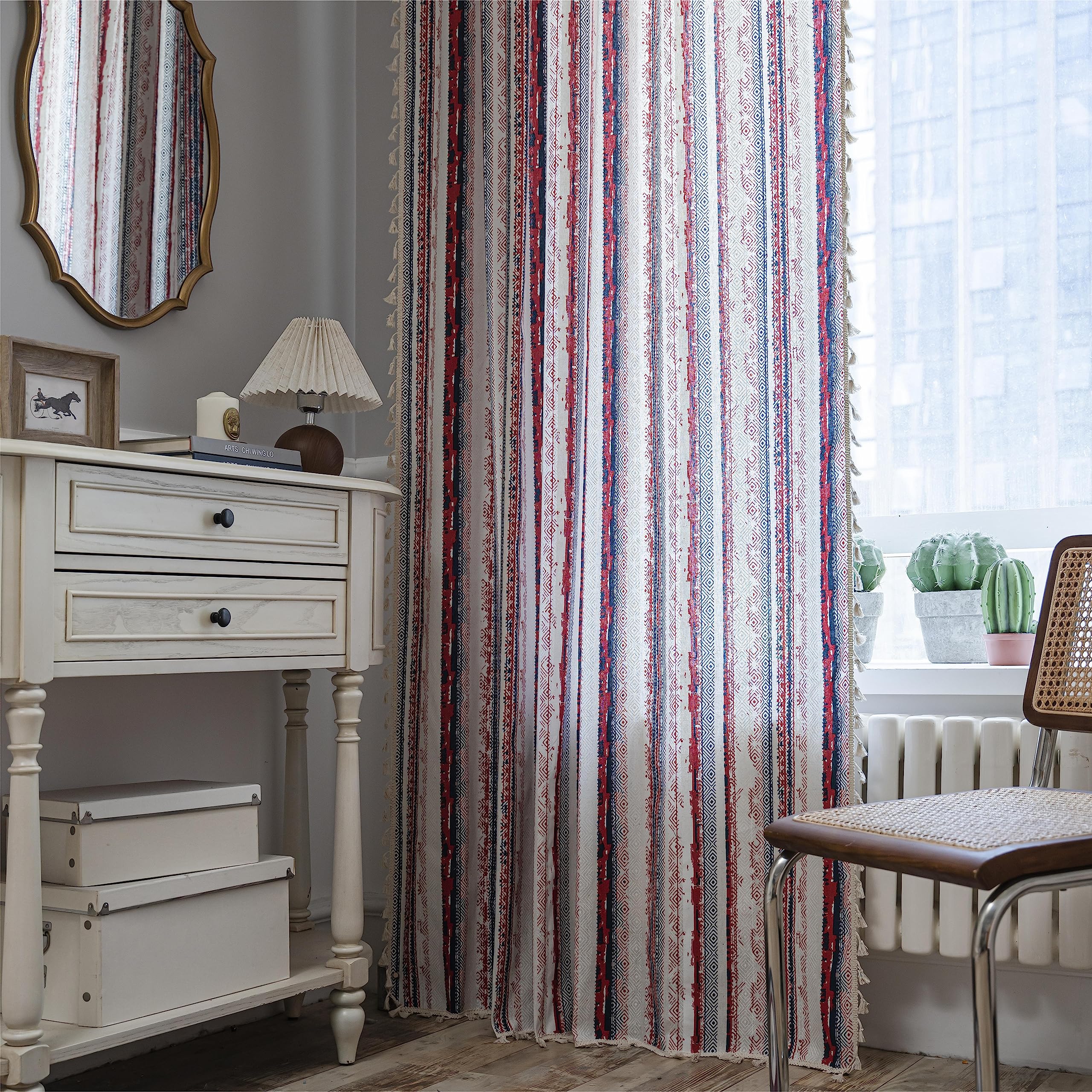 Boho Vintage Cotton Curtain for Bedroom Living Room,Gipsy Red and Blue Tassels 84 Inch Length Retro Farmhouse Geometric Striped Light Filtering Rod Pocket Drape 1 Panel 59" W x 84" L