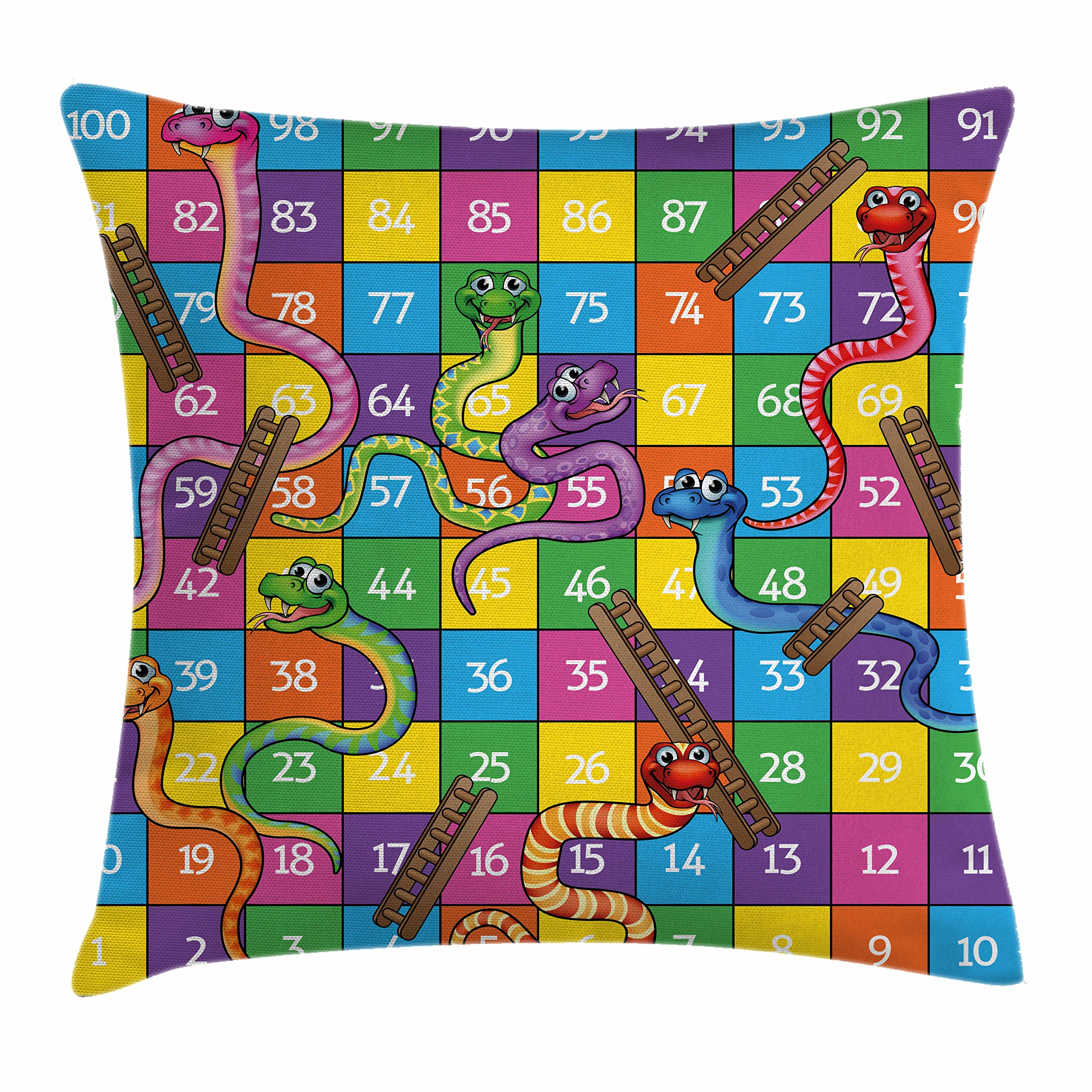 Lunarable Cartoon Throw Pillow Cushion Cover, Snakes Smiling Faces Numbers in Squares Ladders Play Themed Colorful Print, Decorative Square Accent Pillow Case, 36