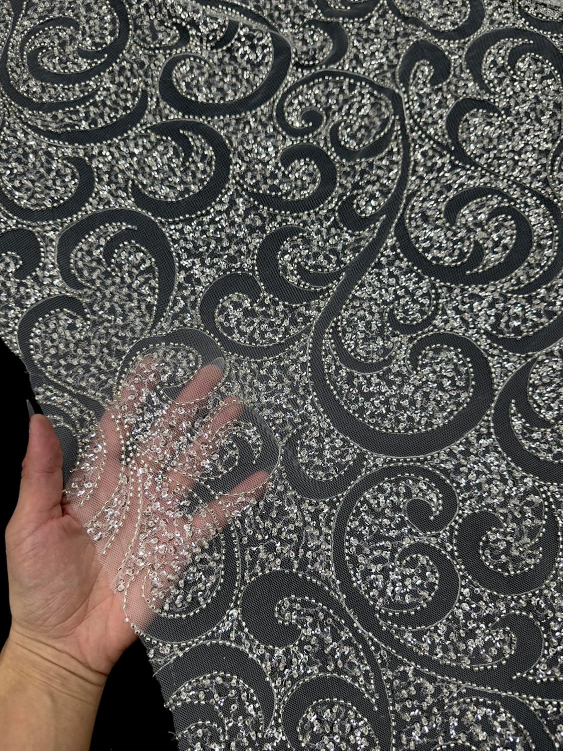 Sequin Beaded Scroll Lace on Mesh – 2-Way Stretch, Fully Embellished Mesh Fabric – Sheer Lace Fabric by The Yard for Clothing, Dresses, Decor – 54 Inches Wide - Premium Quality (Silver)