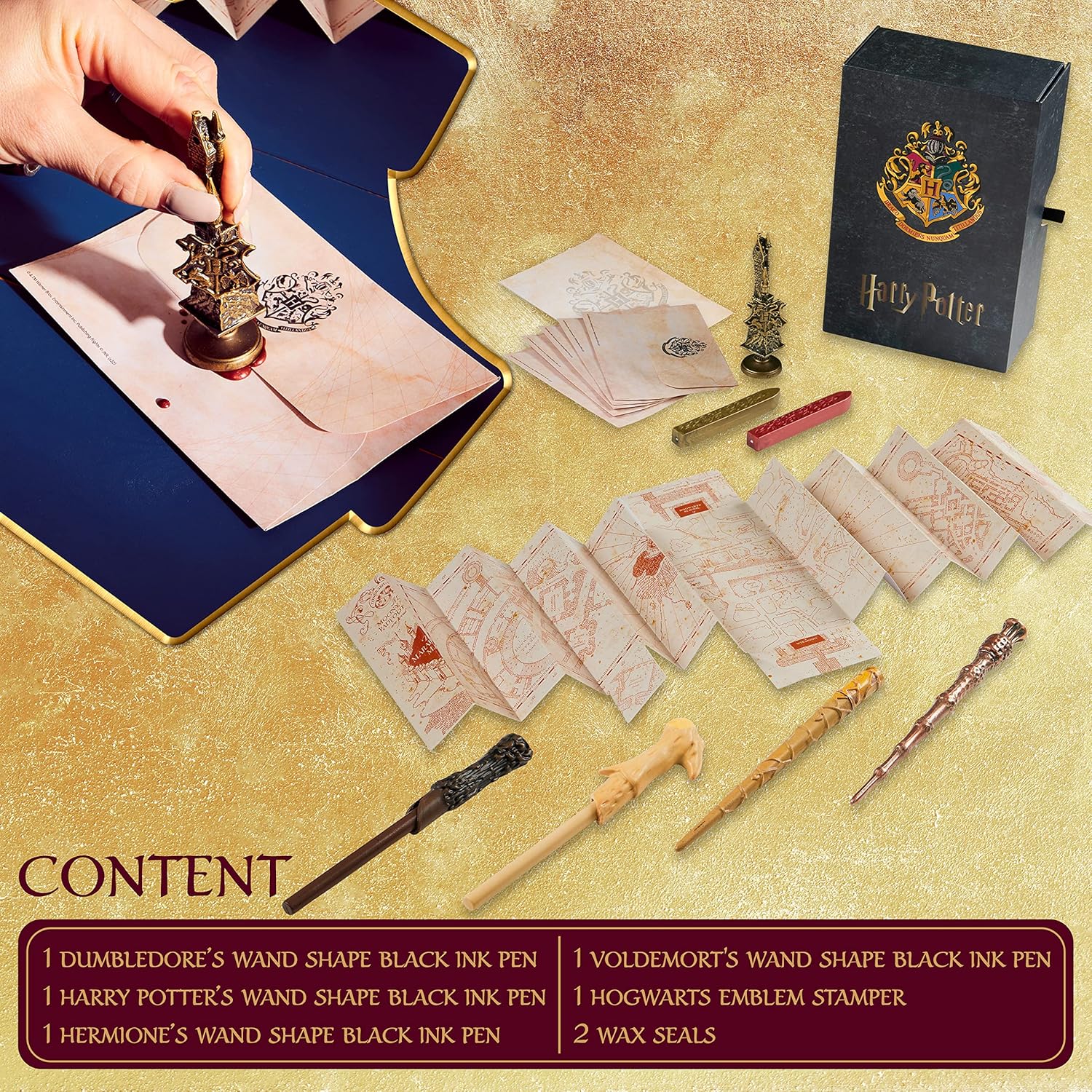 Harry Potter Gifts Writing Set with Wand Pens Stationery Box for Boys Girls Teens Kids Adults with Marauders Map Envelopes Paper Wax Stick Stamp