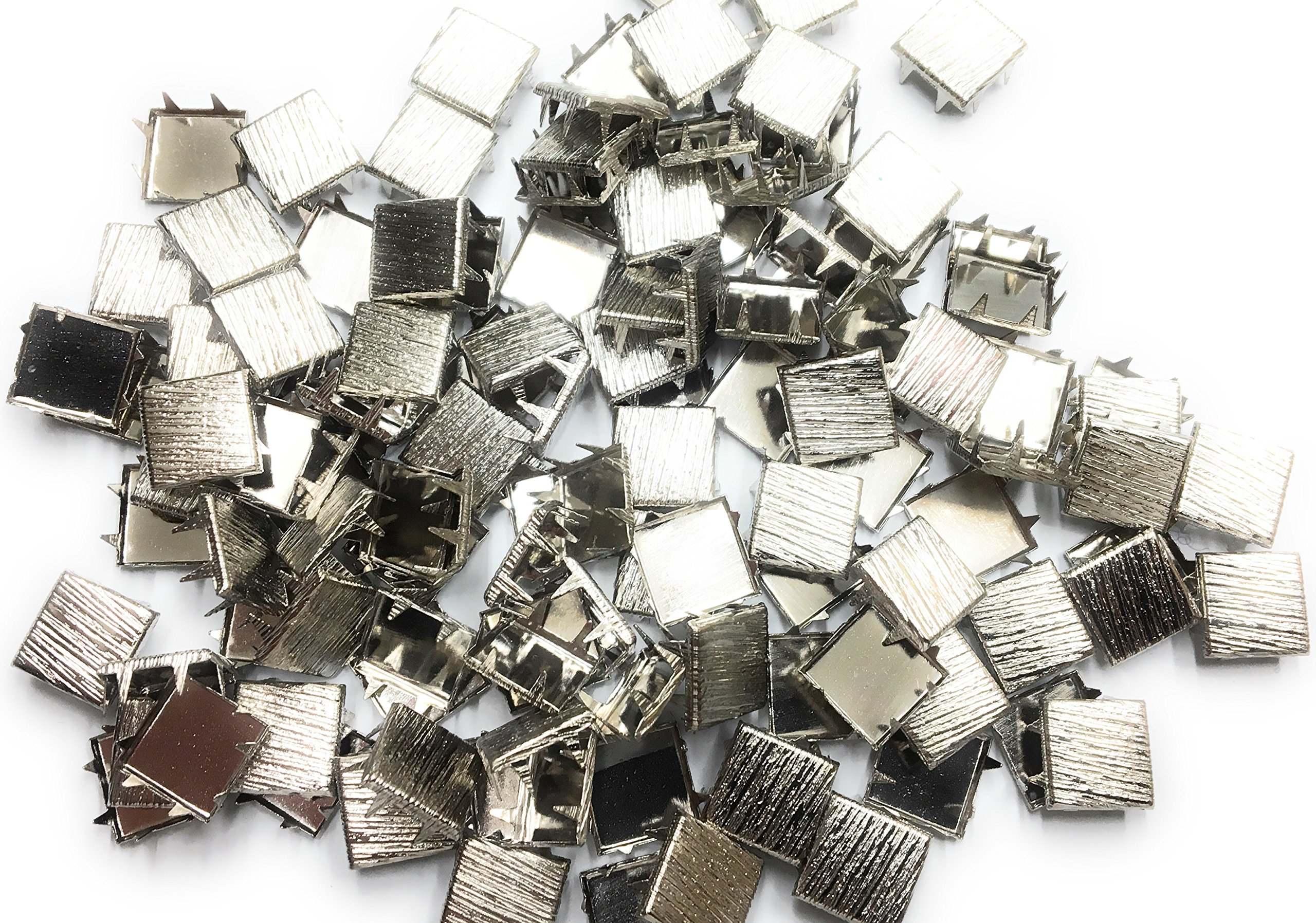120 Square Nailheads,Spots, Studs,Nickel Size 3/8" x 3/8'' with Groove Design ; 6 Prong in Plastic Container