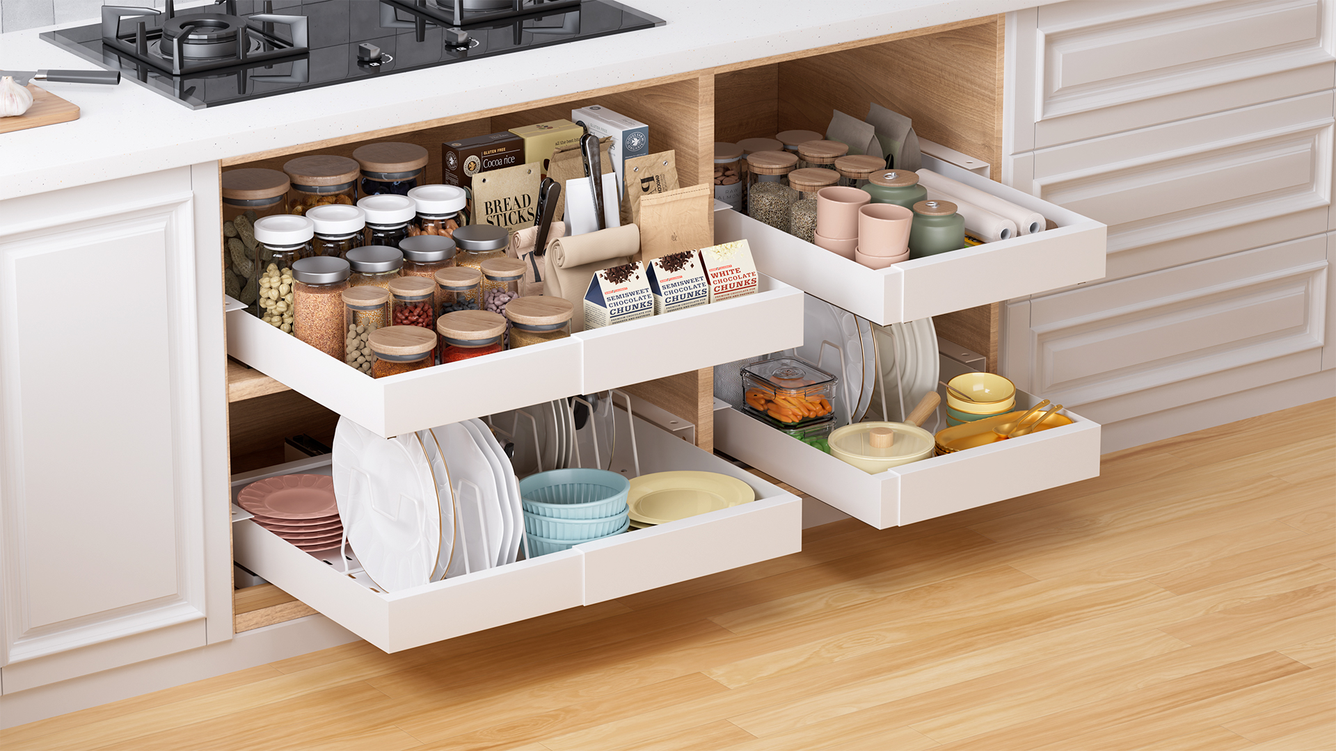 Dayacoco Pull-Out Cabinet Organizer – Expandable No-Drill Drawer For Kitchens & Pantries, Width 11.6-19.5”, Depth 16.5-21.5” – White Steel Storage