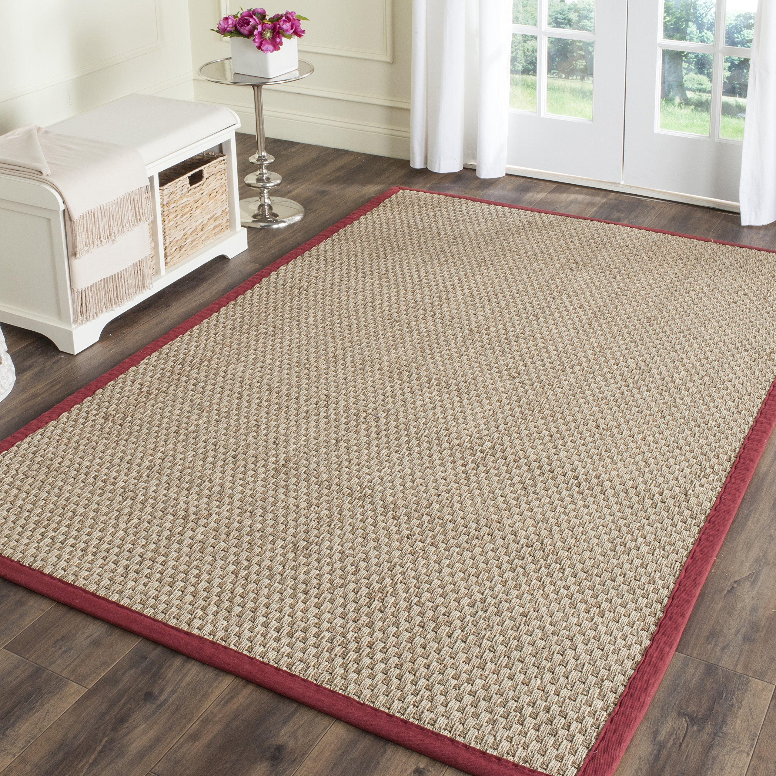 SAFAVIEH Area Rug 4x6 - Natural Fiber Collection - Natural & Red, Seagrass, Basketweave Pattern with Border (NF114D)