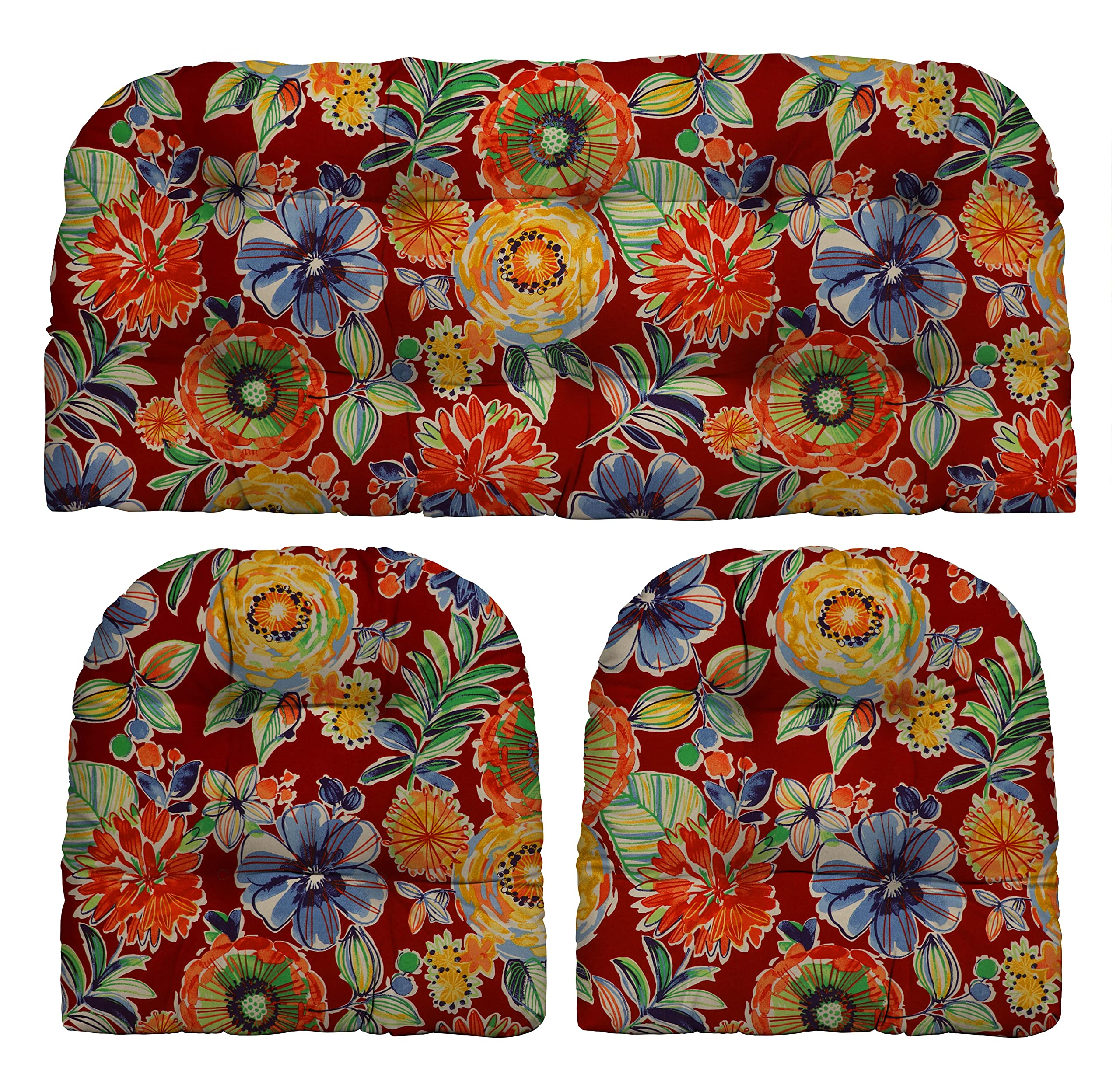 RSH Décor Indoor Outdoor 3 Piece Tufted Wicker Cushion Set (1- (41" x 19") & 2- (19" x 19") Cushions, Colsen Berry)