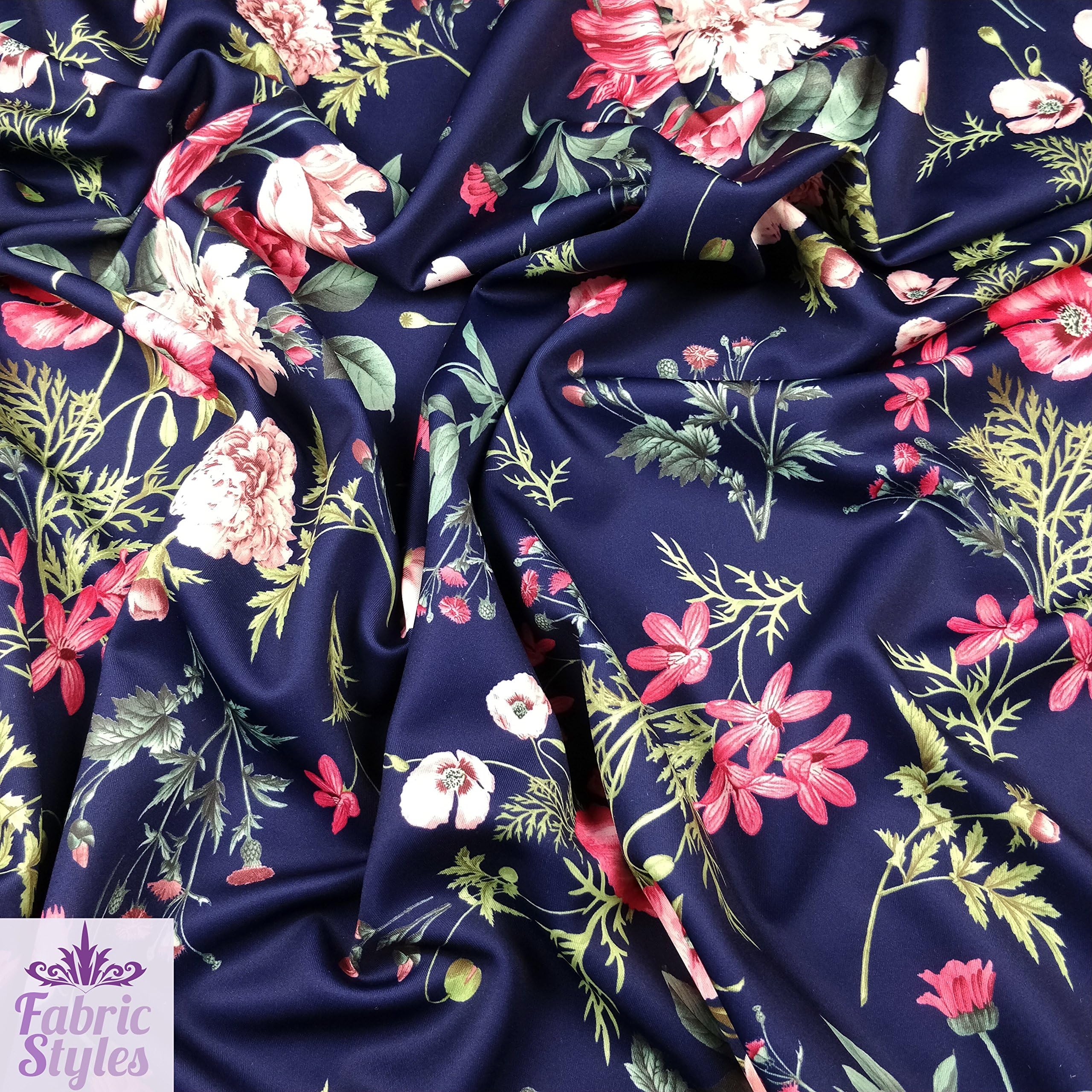 FS101_2 Floral Print Navy Background High Quality Scuba Fabric