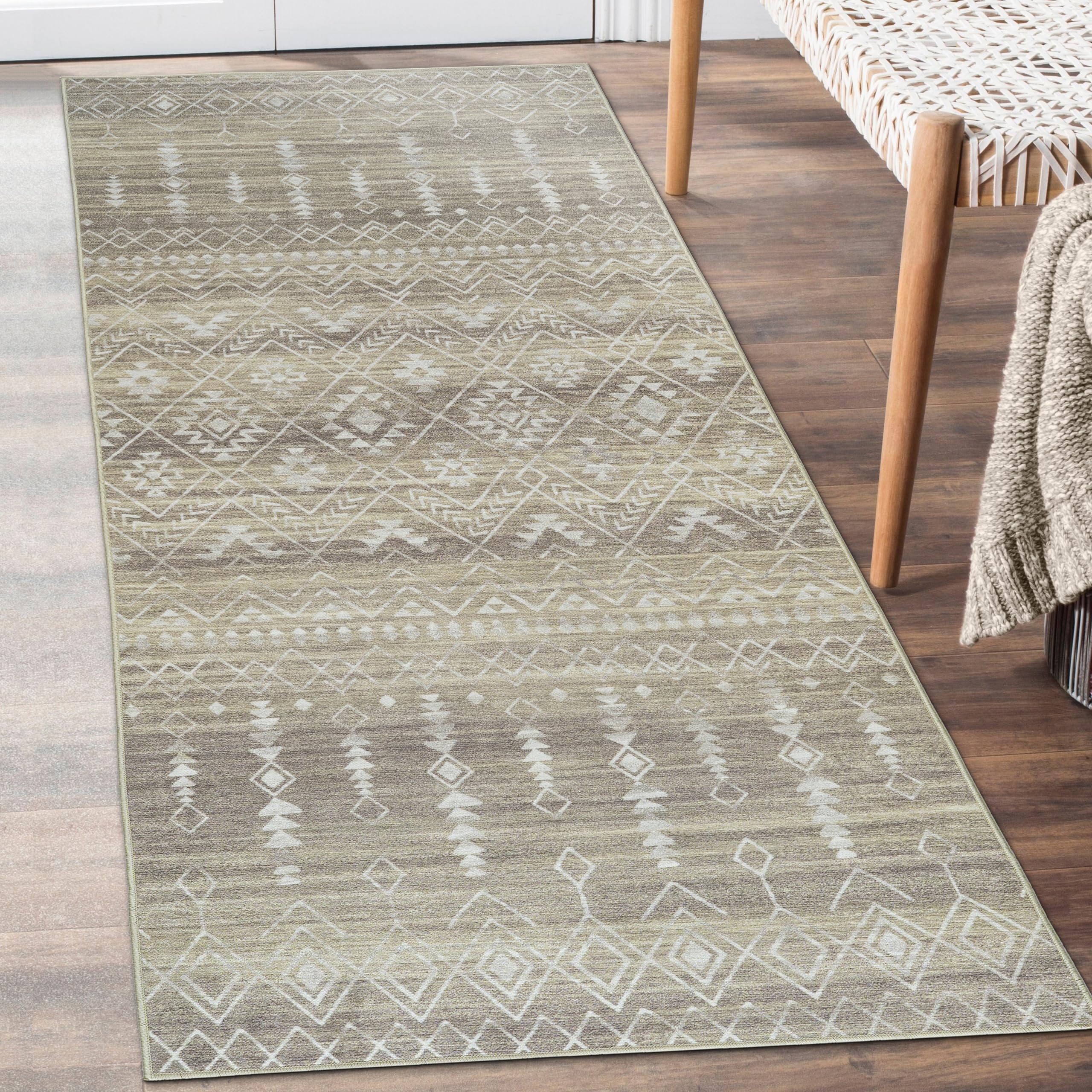 ReaLife Machine Washable Area Rug Runner - Living Room Bedroom Bathroom Kitchen Entryway Office - Non Slip Low Pile Stain Resistant Premium - Geometric Moroccan Tribal - Beau - Beige 2'6" x 8'