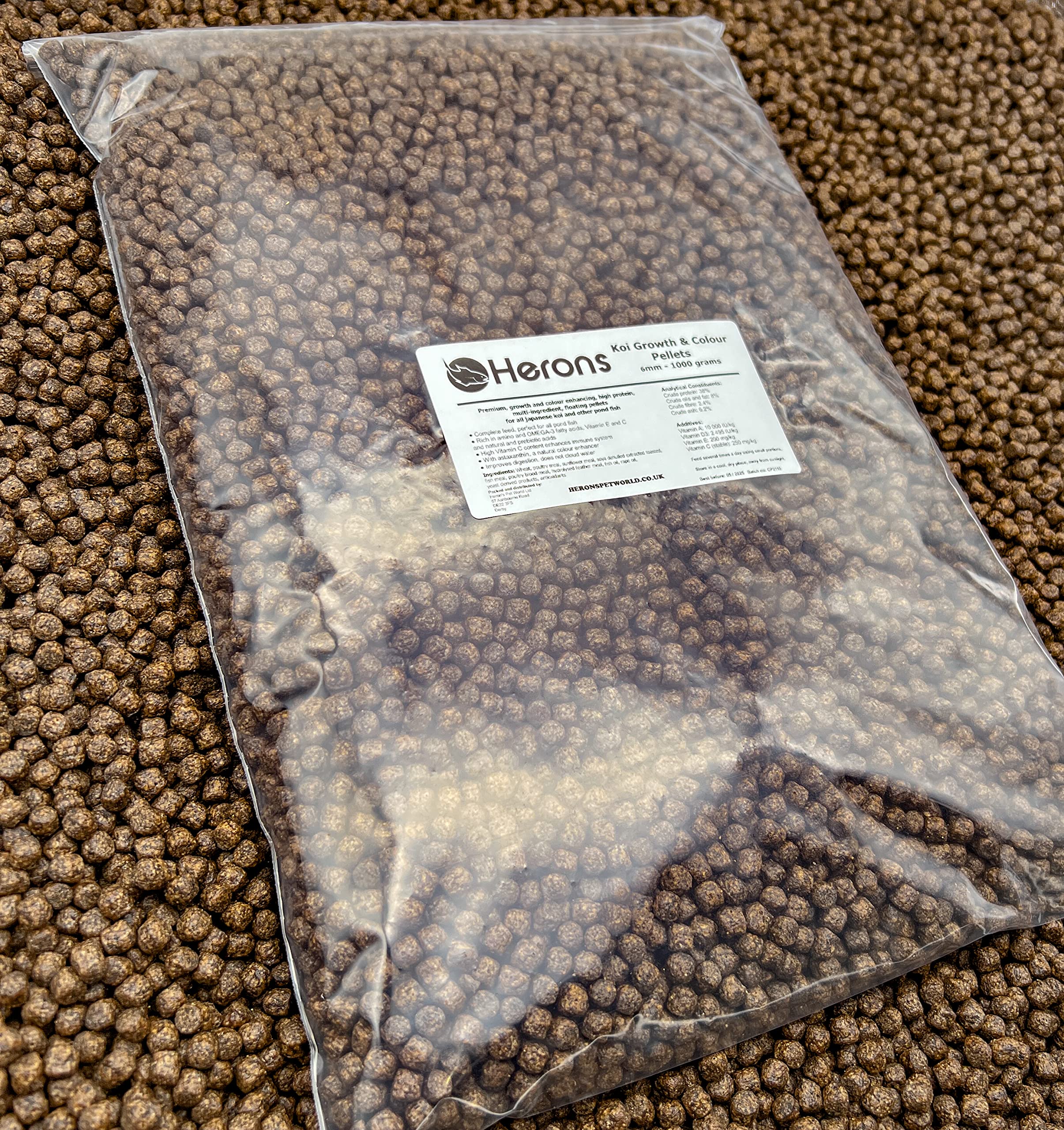 HERONS - Koi Growth & Colour Pellets, 6mm Premium Pond Fish Food, For Koi Carp, Shubunkin and Goldfish, Growth and Colour Enhancing, High Protein, Multi Ingredient – 1Kg
