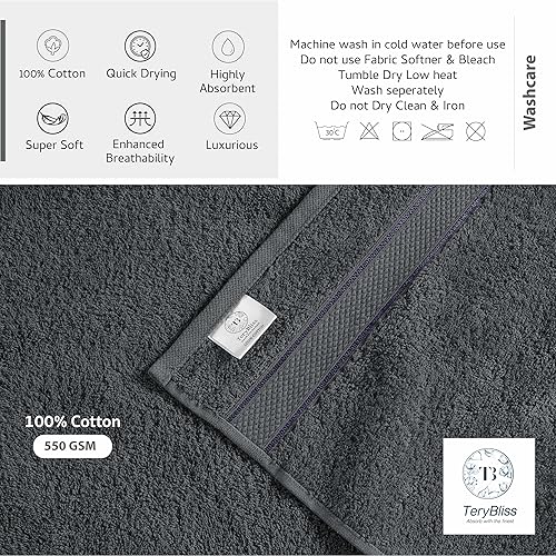 Miniatura 4 de Juego de toallas de lujo de 8 piezas, 100% algodón hilado en anillo, 550 GSM, altamente absorbente, contiene 2 toallas de baño, 2 toallas de mano, 4