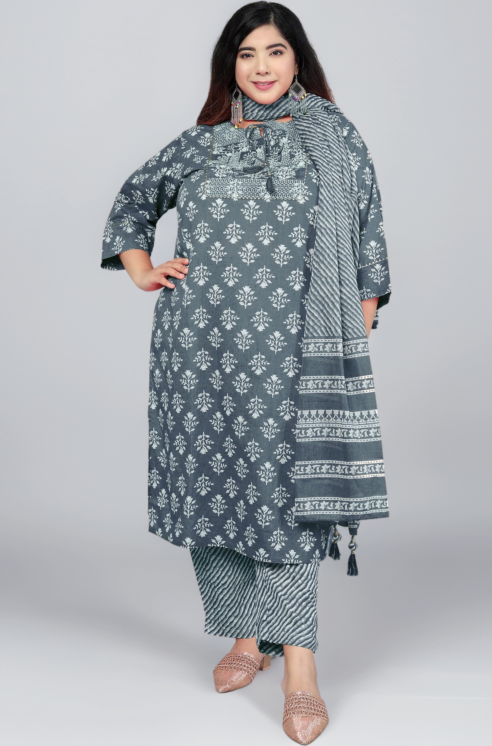 MIRCHI FASHION Plus Size Women Straight Fit Cotton Printed Kurta with Trouser Pant & Dupatta Set