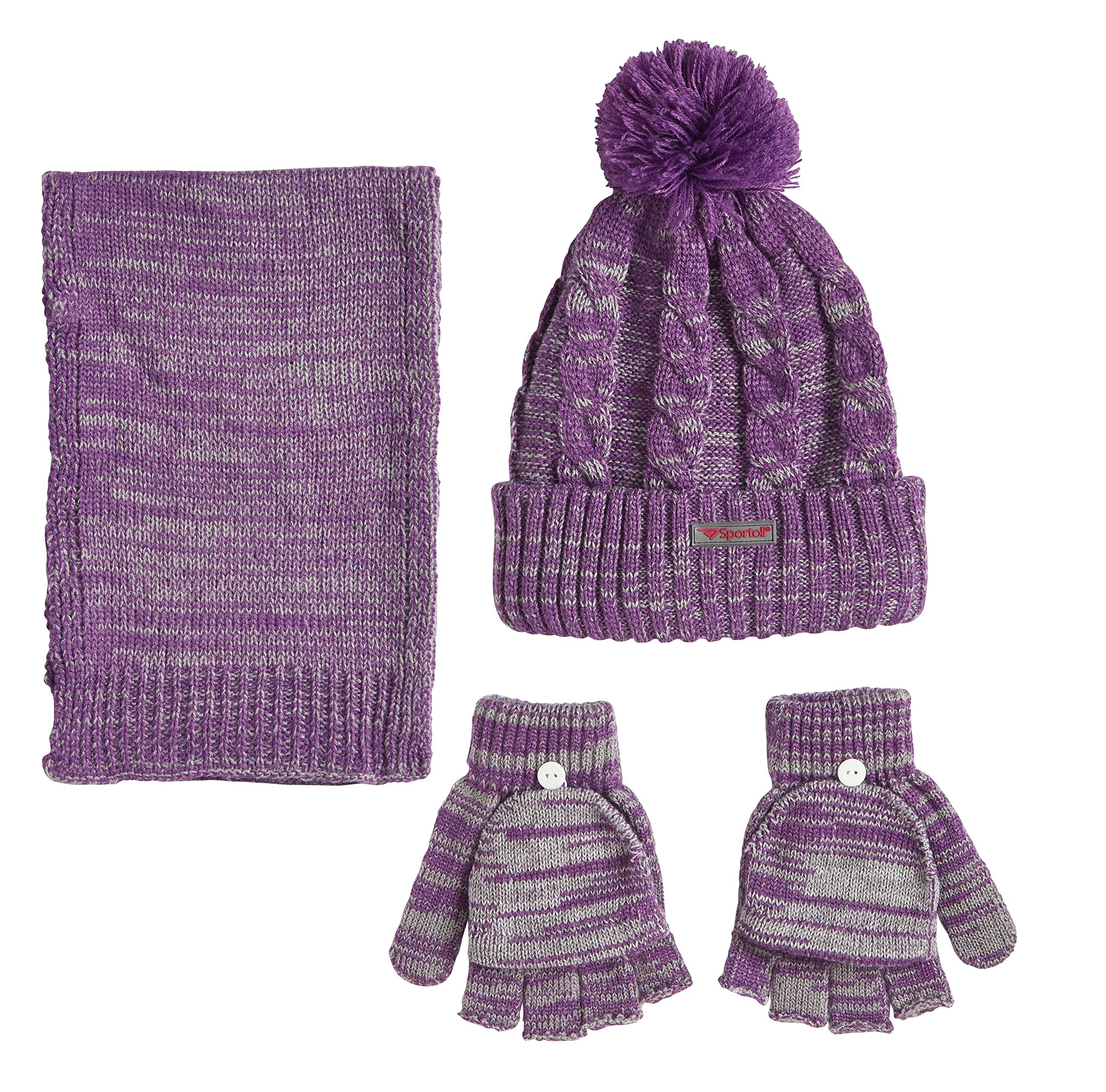 Sportoli Women’s Girls’ kids 3-Piece Cable Knit Cold Weather Set Hat Scarf Glove - Purple (Size Kids / 4-7 Yrs)