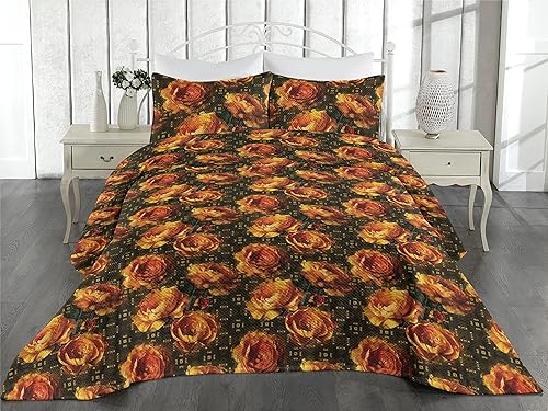 Miniatura 2 de Ambesonne Colcha decorativa floral, efecto retro, estampado de peonías ornamentales sobre fondo de estilo geométrico, cómodo juego de cama de 3
