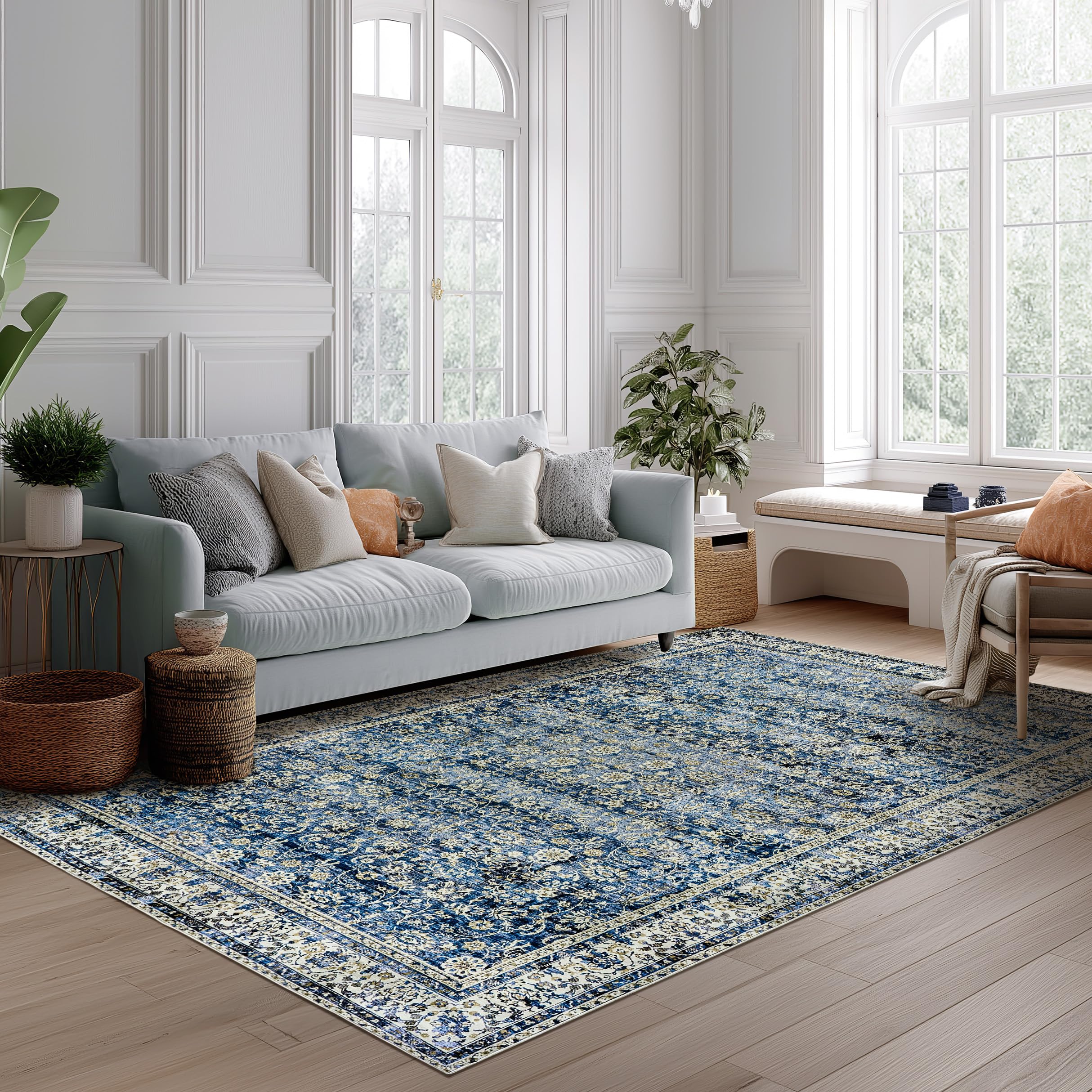 Blue Area Rugs 5x7 Vintage Boho Flower Distressed Low Pile Rug with Rubber Backing Dark Blue Non Slip Stain Resistant 5x7 Washable Rug for Living Room
