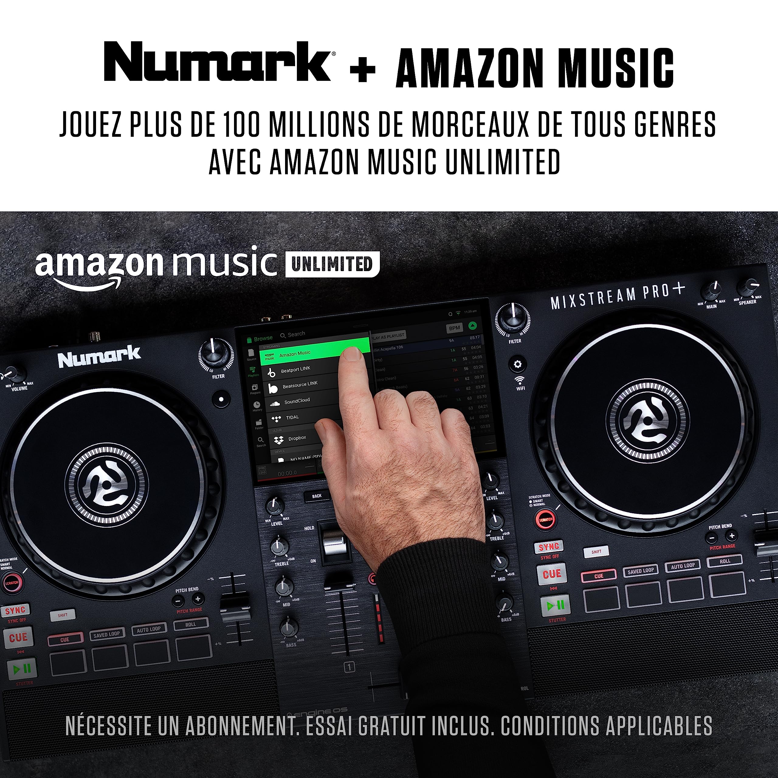 Numark Mixstream Pro+ contrôleur DJ avec séparation Stems, 2 platines, Wi-Fi, mixeur, écran tactile 7", haut-parleurs, compatible Serato et Virtual DJ