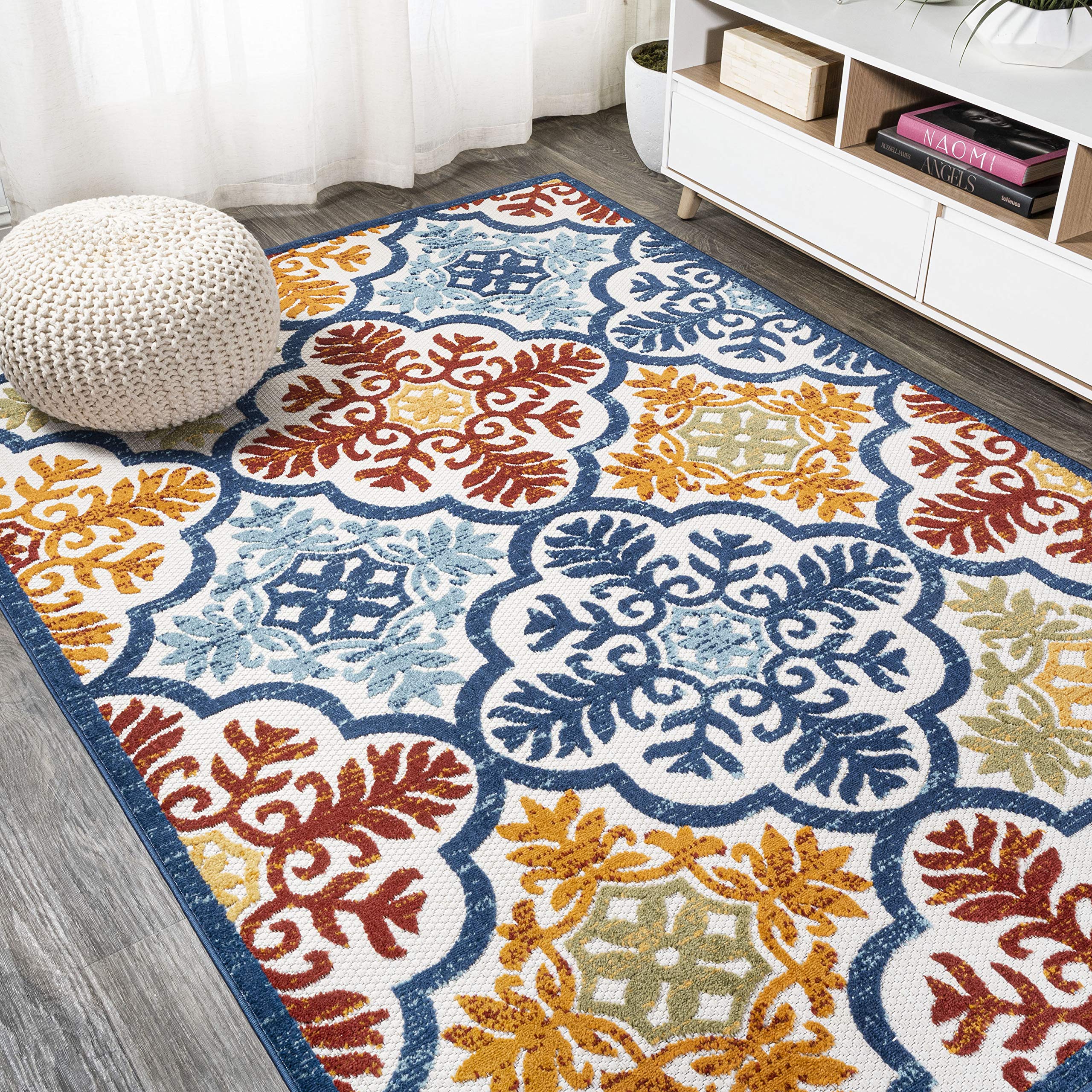 Cassis Ornate Ogee Trellis High-Low Indoor/Outdoor Blue/Multi 3 ft. x 5 ft. Area Rug Traditional, Bohemian, Classic, Modern EasyCleaning,HighTraffic,LivingRoom,Backyard, Non Shedding