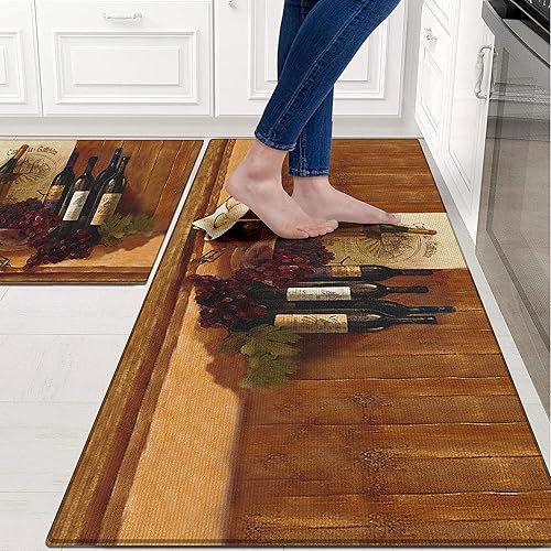 Miniatura 2 de Linen Geometric Juego de 2 tapetes de cocina de vino para piso, tapetes de cocina de granja acolchados antifatiga, juego de 2 tapetes de cocina y