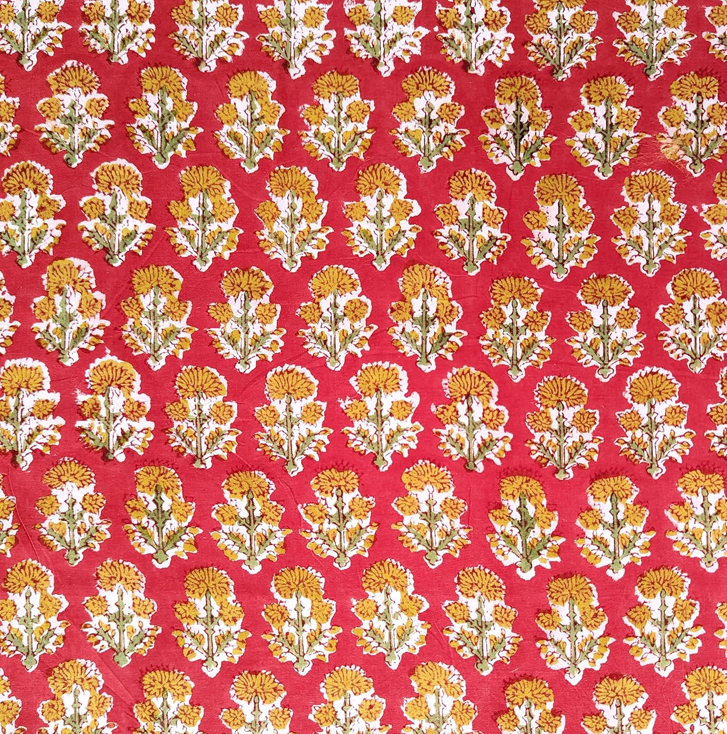 AVKA Studio Hand Block Print Fabric by The Yard - PRECUT 5 Yards 42 Inch Width - 100% Cotton Material - Red Floral Pattern - Light Weight Indian Cloth for Making Summer Dress Tops Indian Fabric etc