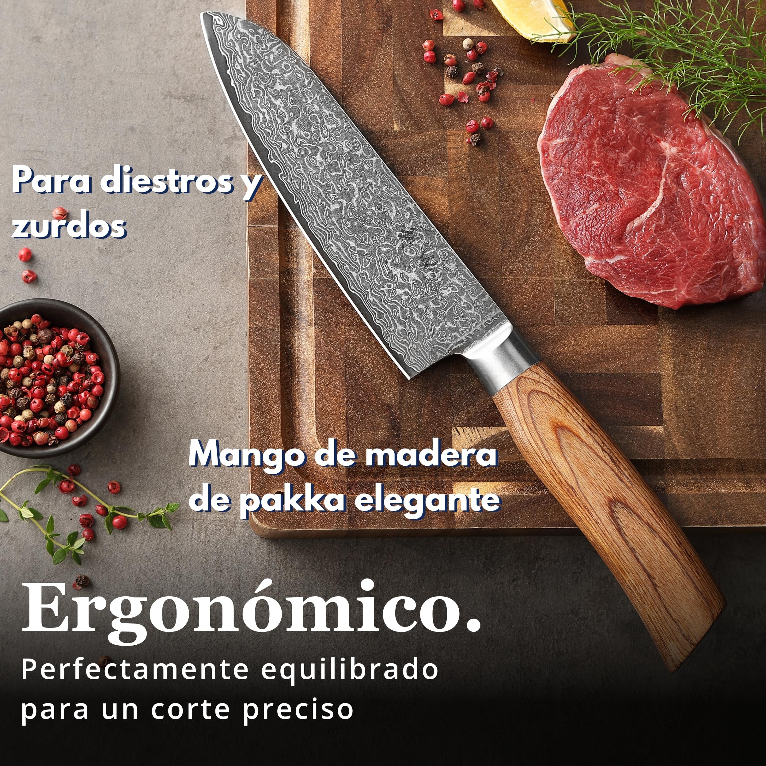 Wakoli EDIB Pro - cuchillo de damasco santoku de 16cm, hoja muy afilada de 67 capas, cuchillo de cocina de damasco y de chef profesional de acero de damasco auténtico con mango de madera de pakka