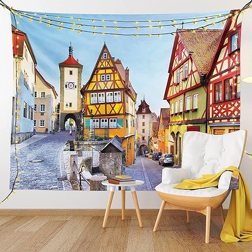 Ambesonne Tapiz alemán, Rothenburg ob der Tauber Baviera Alemania famosa calle colorida casas clásicas, decoración de tela para colgar en la pared