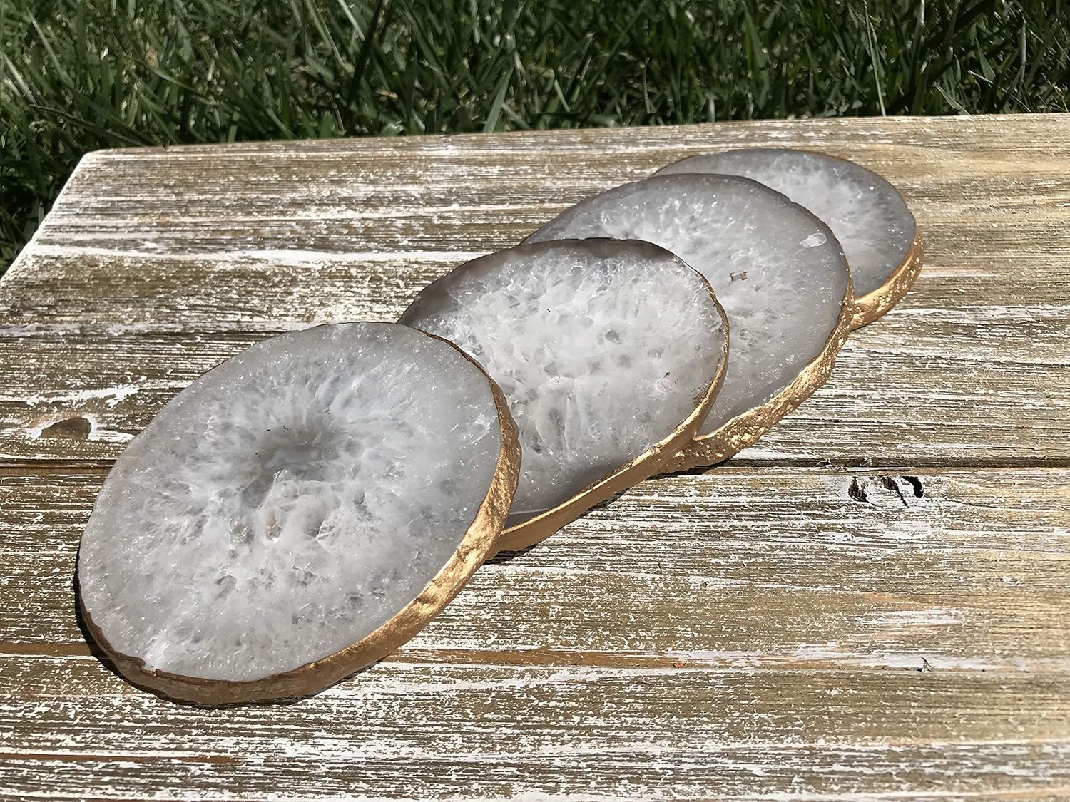 Exclusive Discount 90% Price Agate Coaster Set of 4 - Gold Plated Authentic Brazilian Agate Coasters - White