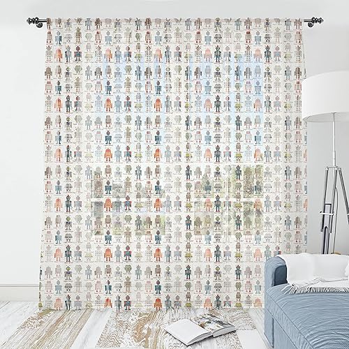 Ambesonne Robot Tulle Curtains with Rod Pocket, Various Different Super Robot Set in Cartoon Style Fantasy Futuristic Machine, Sheer Drape for