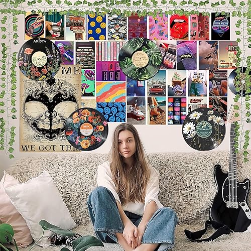 Miniatura 8 de HK Studio Decoración hippie, carteles para estética de habitación, arte botánico de pared, decoración de discos, 4 piezas de 12 pulgadas