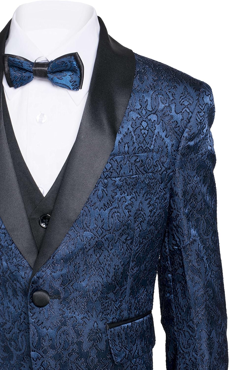 Boys Premium Paisley Patterned Shawl Lapel Tuxedos - Many Colors (3, Navy with Black)