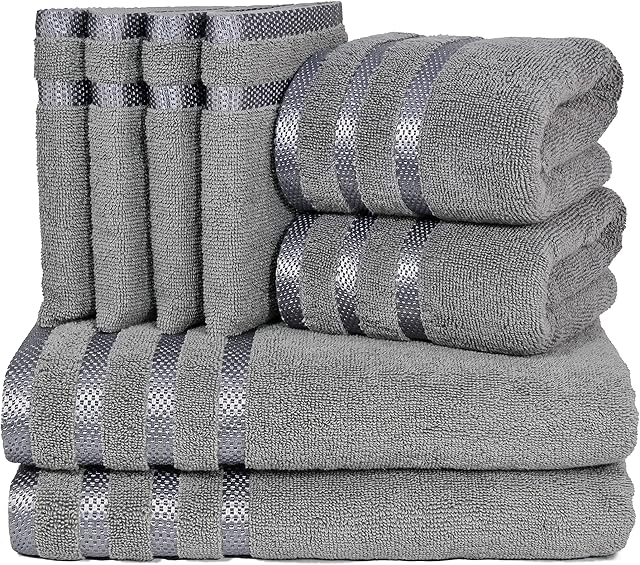Weave Essentials Towels Set - 2 Bath Towels Set, 2 Hand Towels Set, 4 Body Wash Gloves - 100% Combed Cotton 500 GSM Luxury Plush & Premium Towel Bale Set (Towels Set ( Pack of 8), Charcoal Grey)