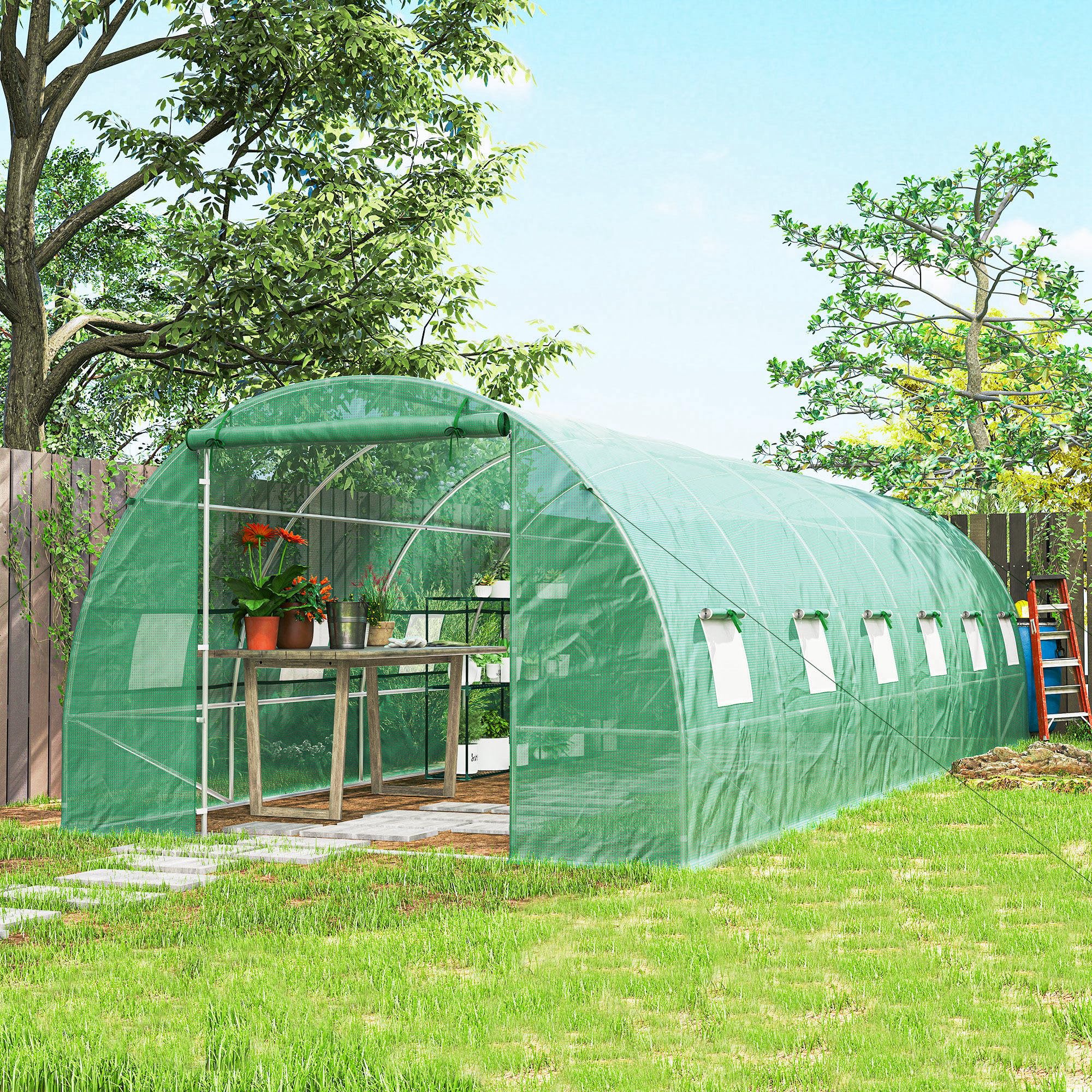 Outsunny Invernadero de Exterior Invernadero de Túnel 8x3x2 m Invernadero de Jardín con 12 Ventanas y Puerta Enrollable para Cultivo Plantas Tomates Verduras Acero y PE 140 g/m² Verde