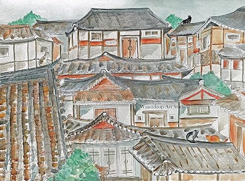 Korean Art, Korean Art Print, Asian Art, Asian Art Print, Cat Art titled"Rooftop Cats"