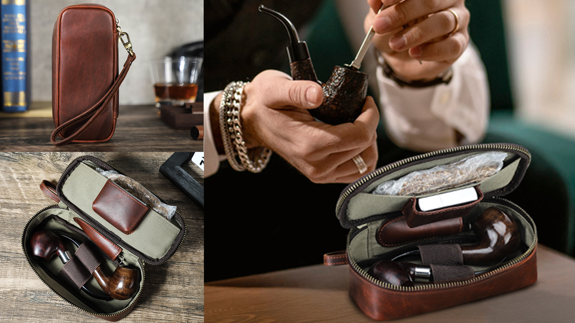 Amazon.com: CONTACTS Full Grain Leather Small Pipe Tobacco Pouch Travel  Smoking Pipe Organizer Portable Accessories Lighter Holder Tobacco Pipes  Case for 2 Pipes : Health & Household