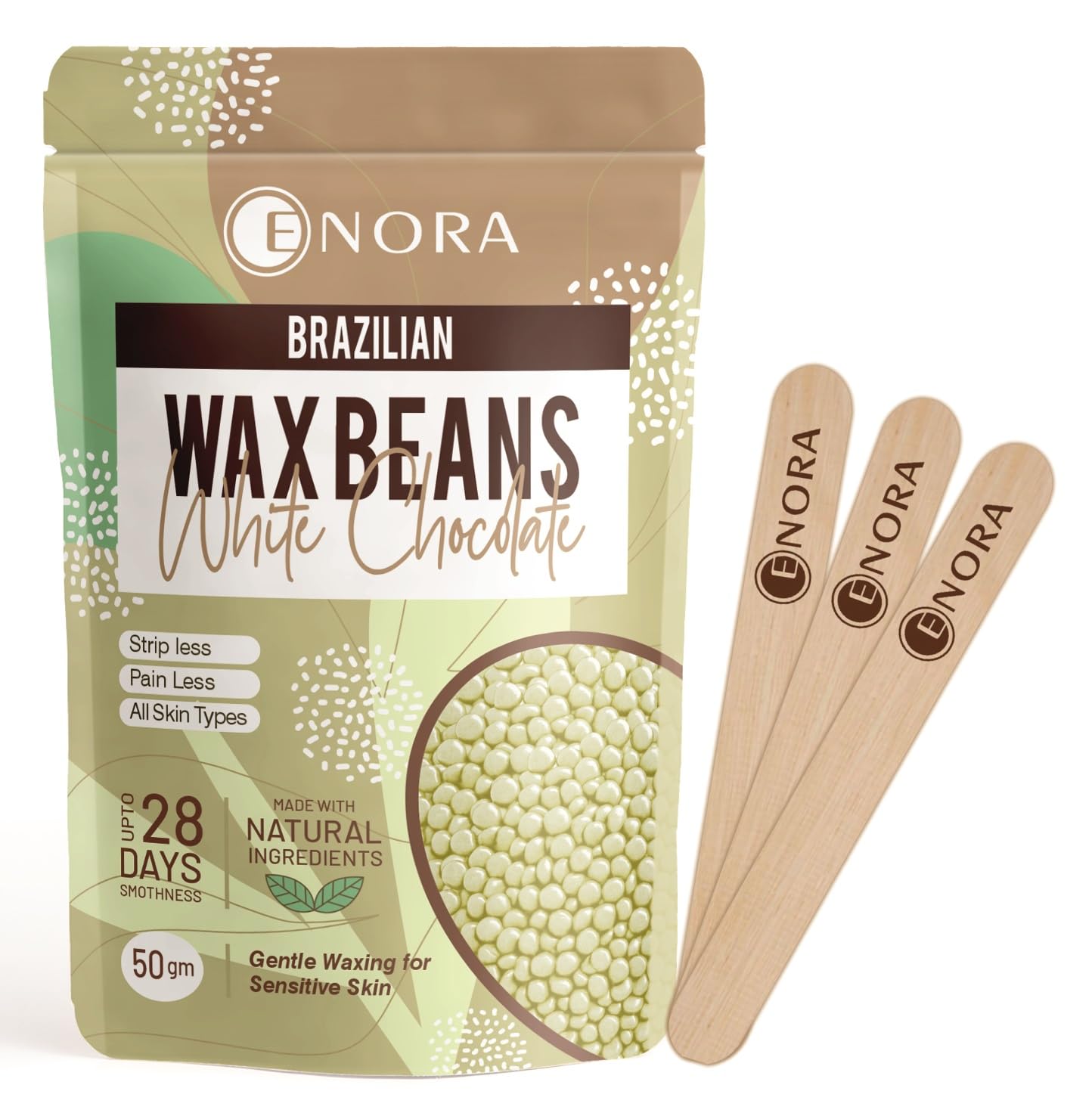 ENORA Brazilian Stripless Wax Beans for Women (50g) | With Wooden Spatula | Natural | For Face, Chin, Hairline, Bikini Area & Full Body Hair Removal (50 Gram, White Chocolate)