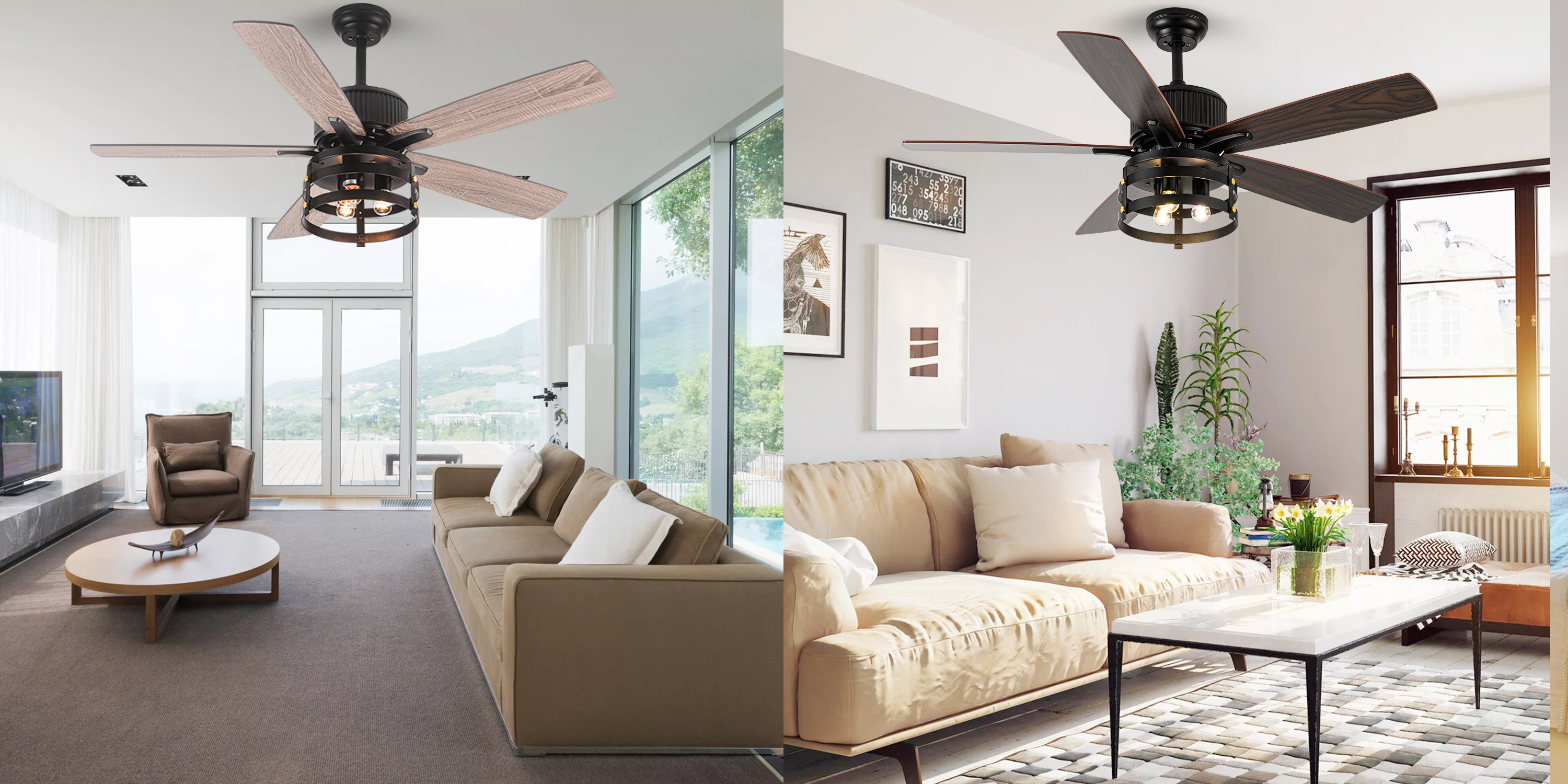 52\" Farmhouse Ceiling Fans With Lights, Caged Ceiling Fan With...