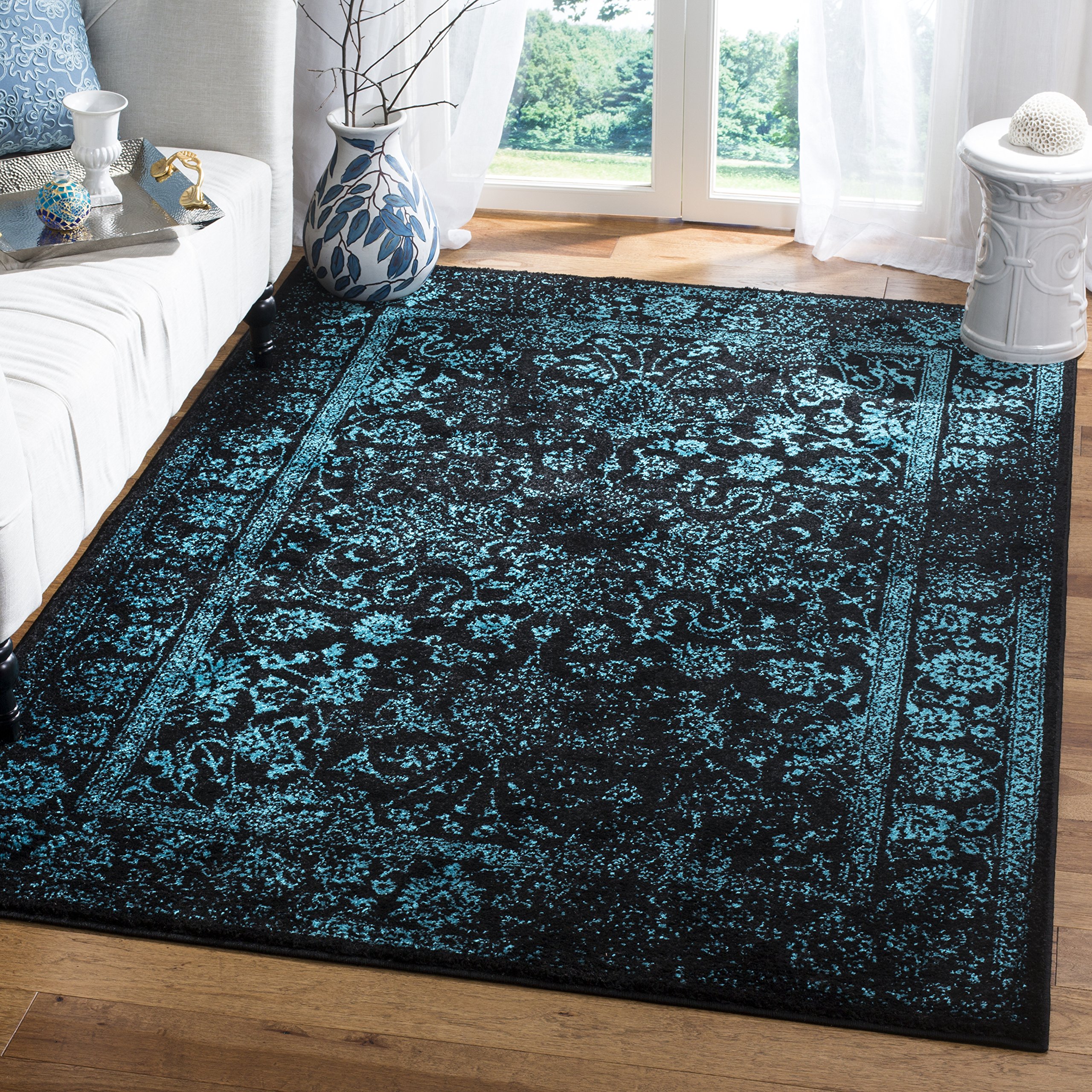 SAFAVIEH Adirondack Collection Area Rug - 5'1" x 7'6", Black & Teal, Distressed Vintage Floral Design, Non-Shedding & Easy to Clean, Ideal for Living