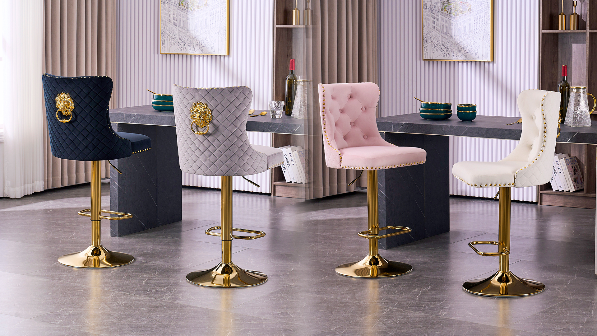 Lot de 2 tabourets de bar pivotants modernes en velours Jamahico