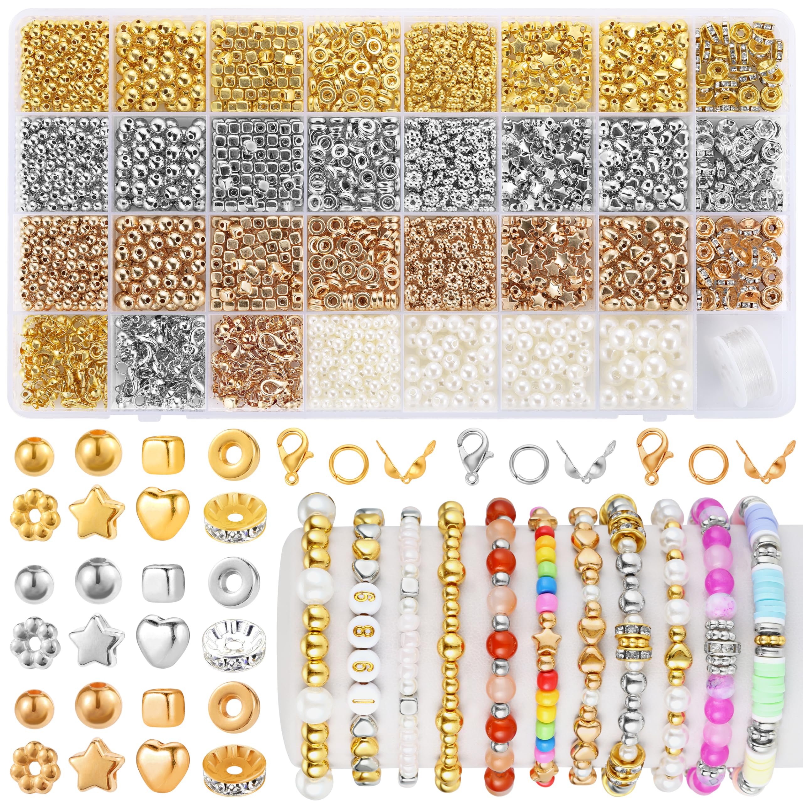 Funtopia Spacer Beads Bracelet Making Kit, 2320 Pcs Jewelry Making Supplies with Assorted Round Star Silver Gold Beads, Round Pearls and Lobster Clasps, DIY Crafts Necklaces Bracelets Earrings